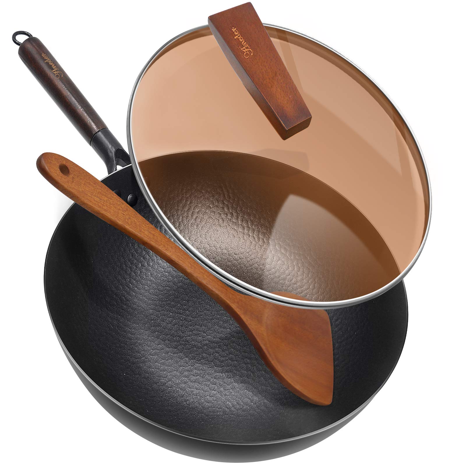 Aneder Carbon Steel Wok Pan With Lid & Wood Spatula, 12.5'' Cast Iron Stir Fry Pan With Flat Bottom And Wooden Handle For Electr