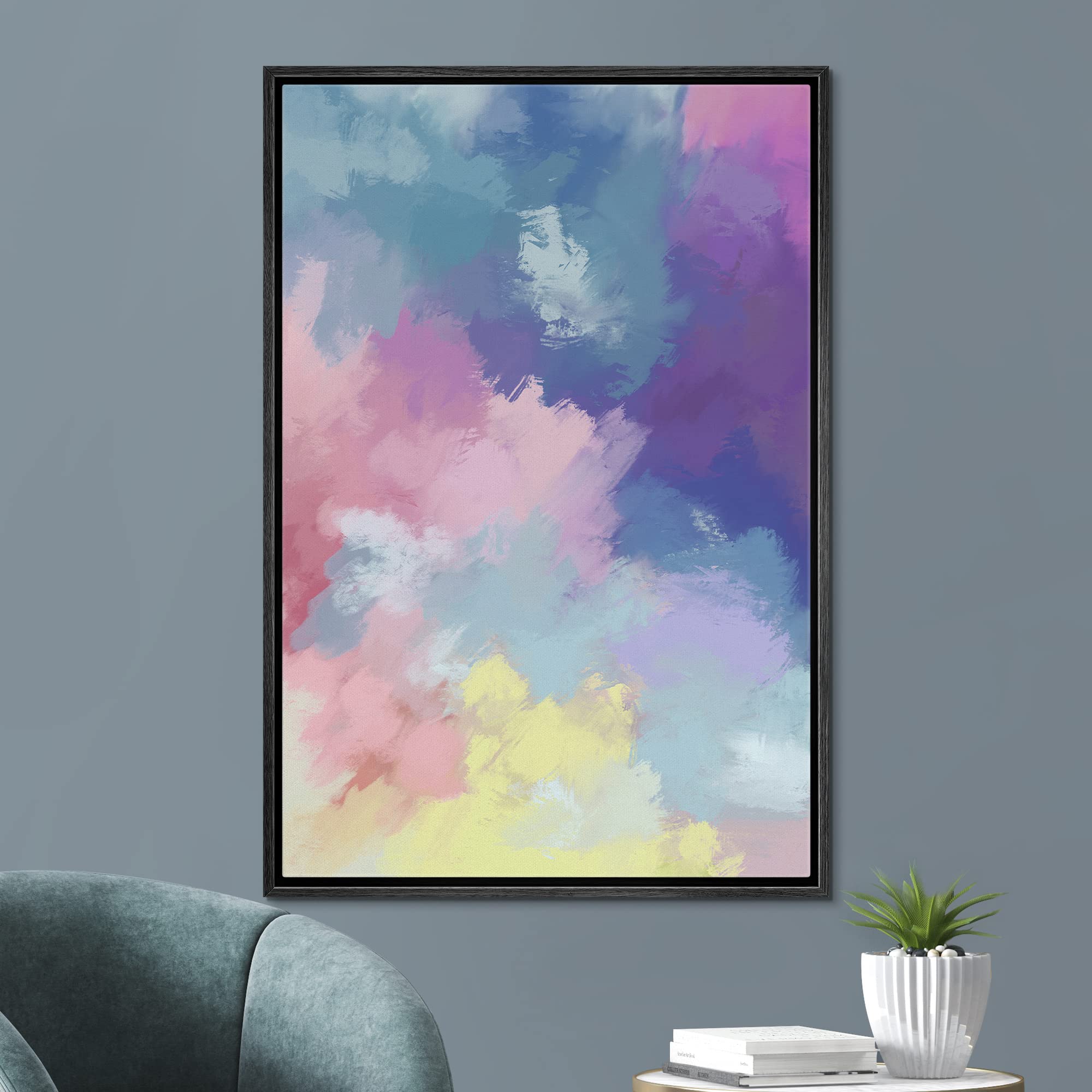 Signford Framed Canvas Print Wall Art Blue Purple Watercolor Paint Strokes Abstract Shapes Digital Art Modern Art Decorative Col
