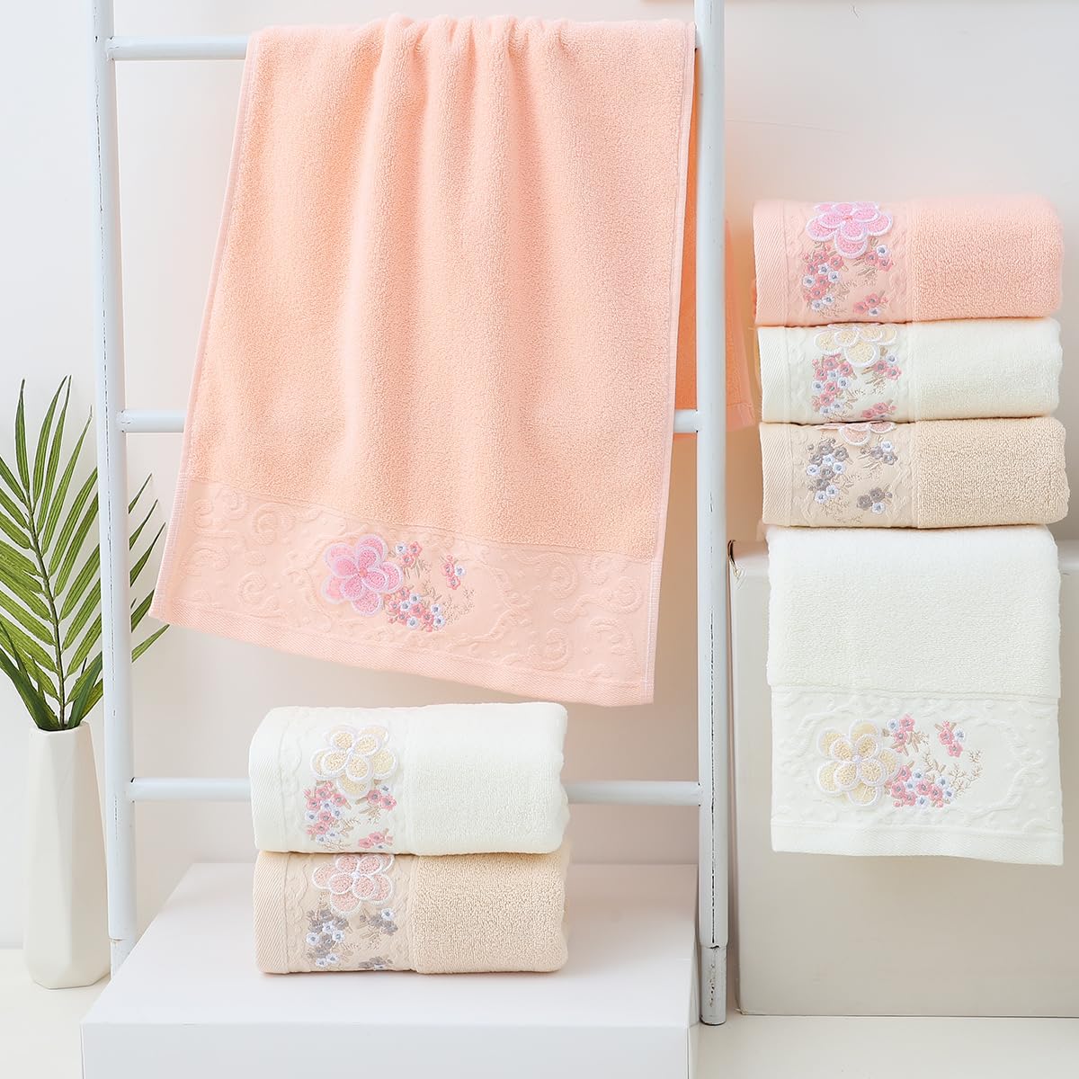 Pidada Hand Towels Set Of 4 Embroidered Floral Pattern 100% Cotton Absorbent Soft Decorative Towel For Bathroom (Brown)