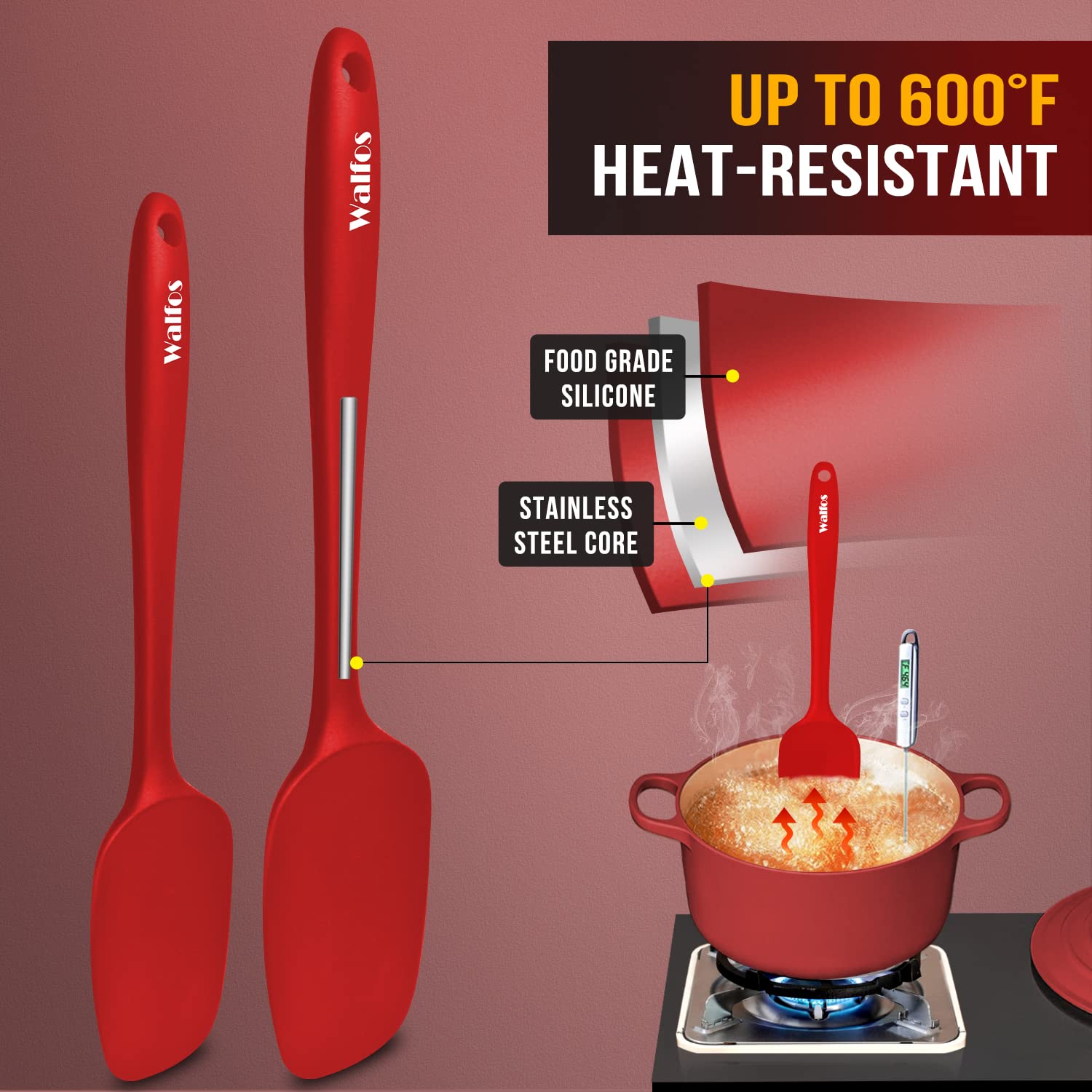 Walfos Silicone Spatula - 600F High Heat Resistant Kitchen Spoon Spatulas, Strong Steel Core & One-Pieces Seamless Design, Perfe