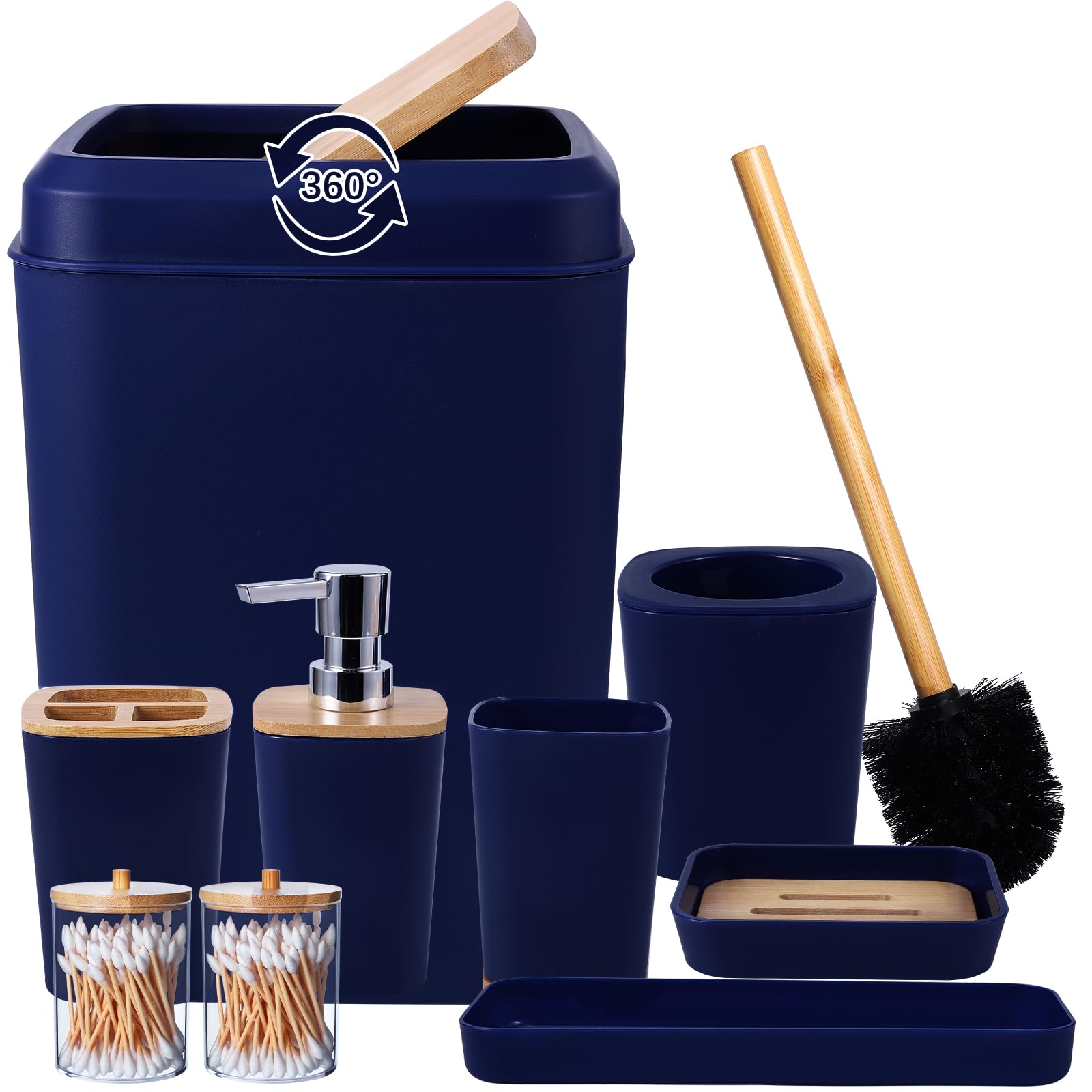Bathroom Accessories Set, 9 Piece Navy Blue Bathroom Accessory Set With Trash Can,Toothbrush Holder,Toothbrush Cup,Lotion Soap D