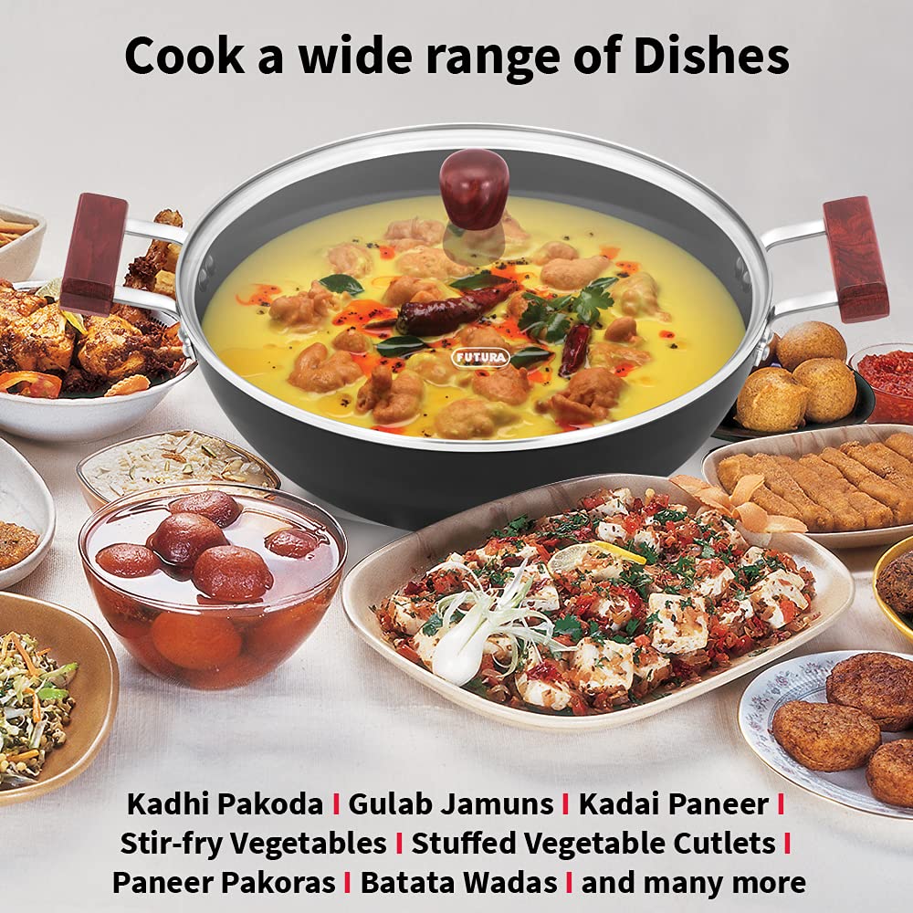 Hawkins Futura 5 Litre Deep Kadhai, Non Stick Kadai With Glass Lid, Flat Bottom Induction Kadhai, Black (Ink50G)