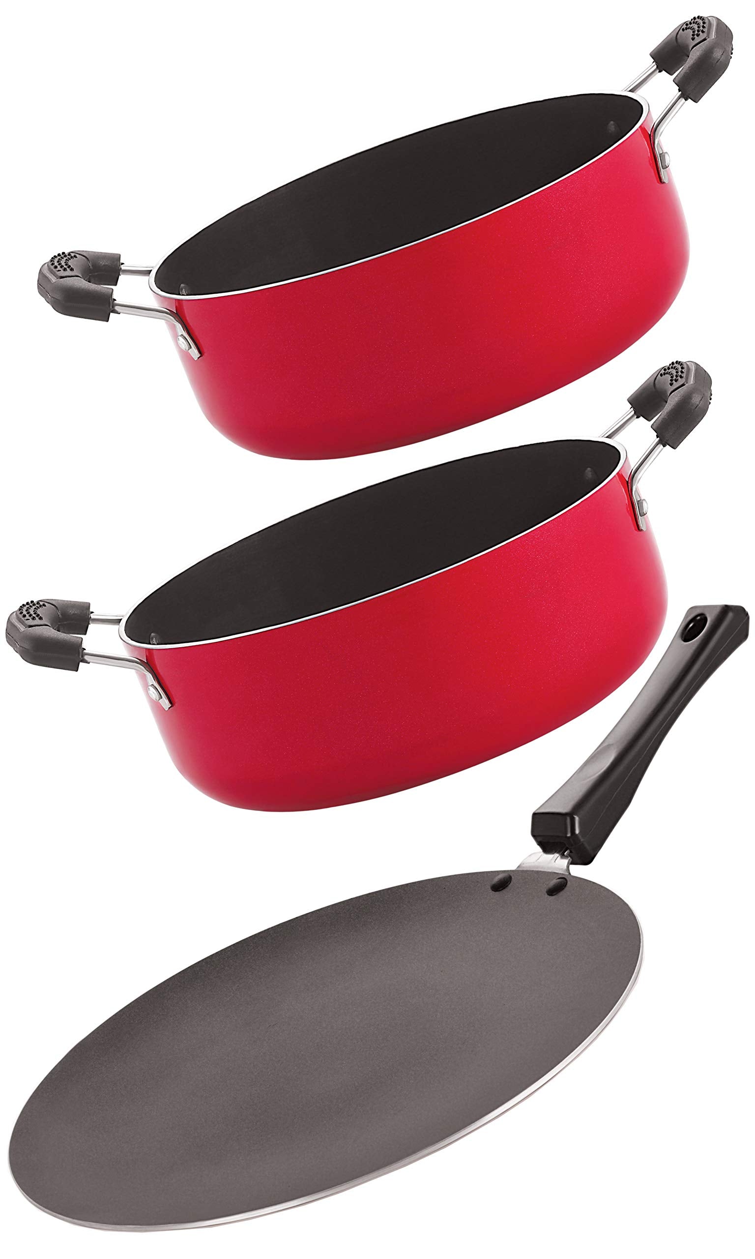 Nirlon Nonstick Aluminium Cookware 3 Pieces Set, Red (Ct12_Cs26_Cs24)