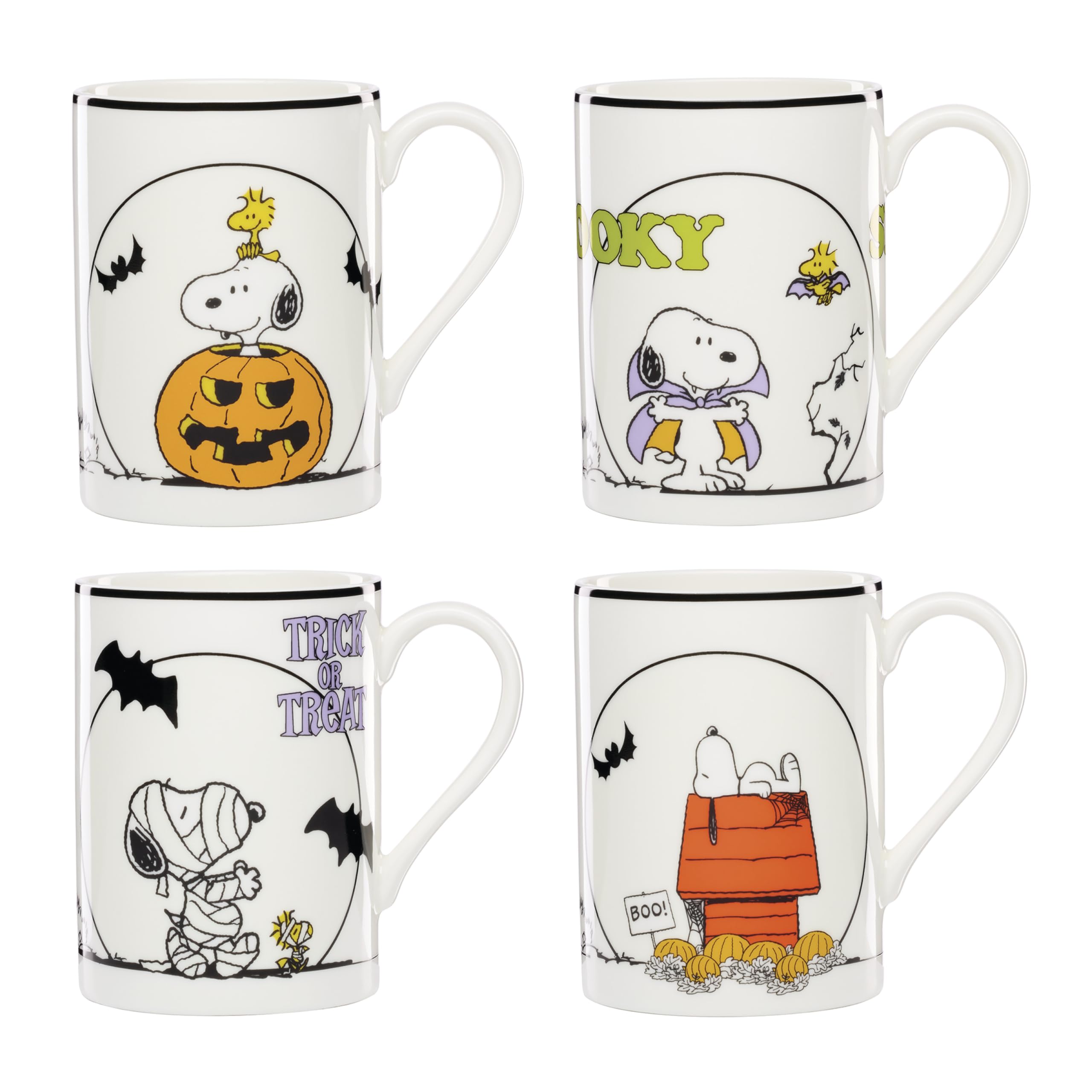 Lenox Coffee Mugs, PEANUTS The Great Pumpkin 11 Oz Mugs Set of 4, Assorted, Porcelain, Snoopy, Charlie Brown Halloween Drinkware