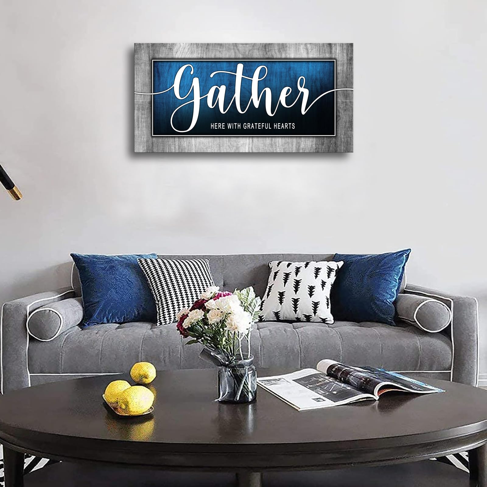 Inspirational Quote Canvas Wall Art For Living Room-Gather Signs For Home Decor-Gather Wall Decor-Blue Canvas Print Painting Pic