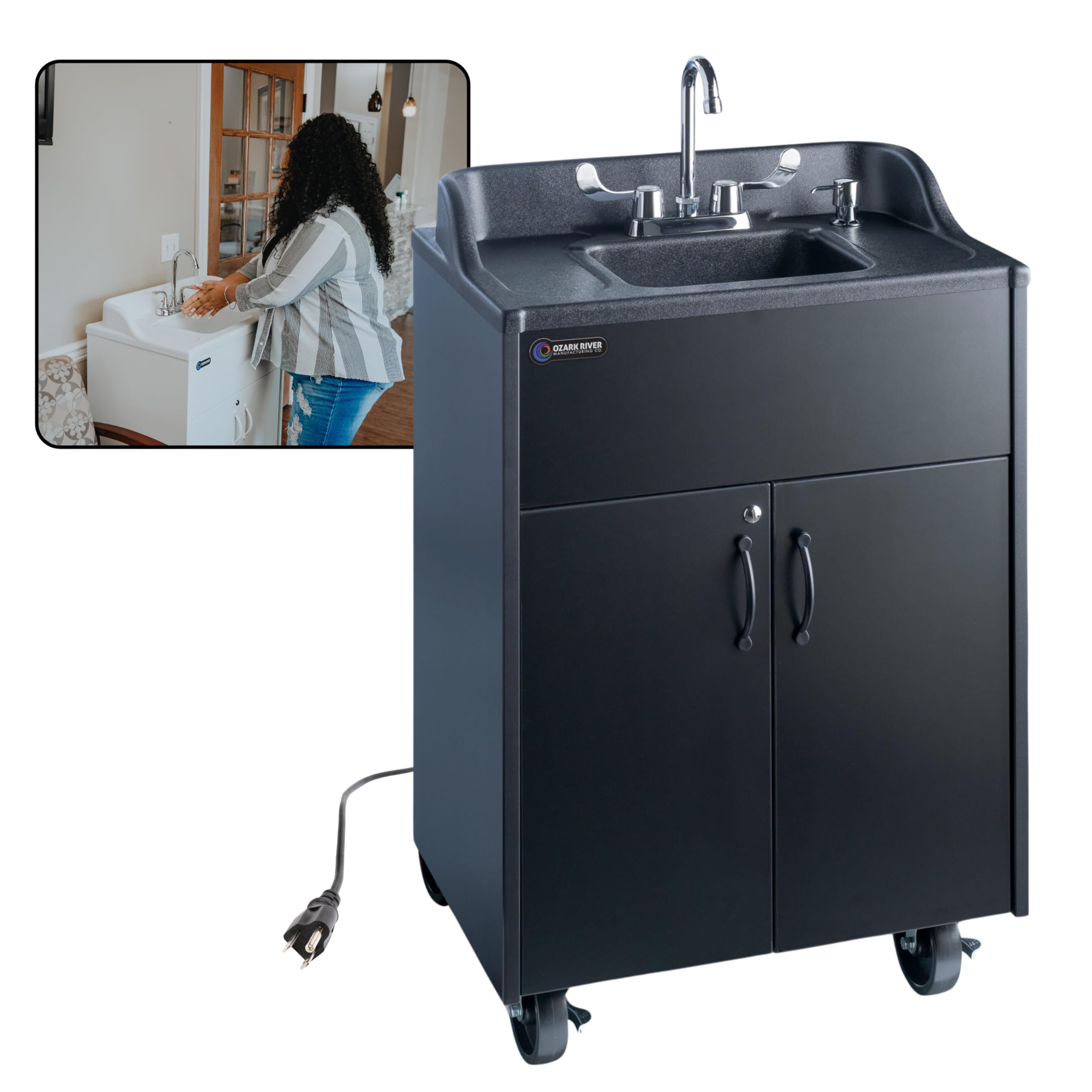 Ozark River Portable Sinks Premier, Black Laminate Cabinet-ABS Countertop & Basin, Mobile Hot Water Hand Washing Station with Wa