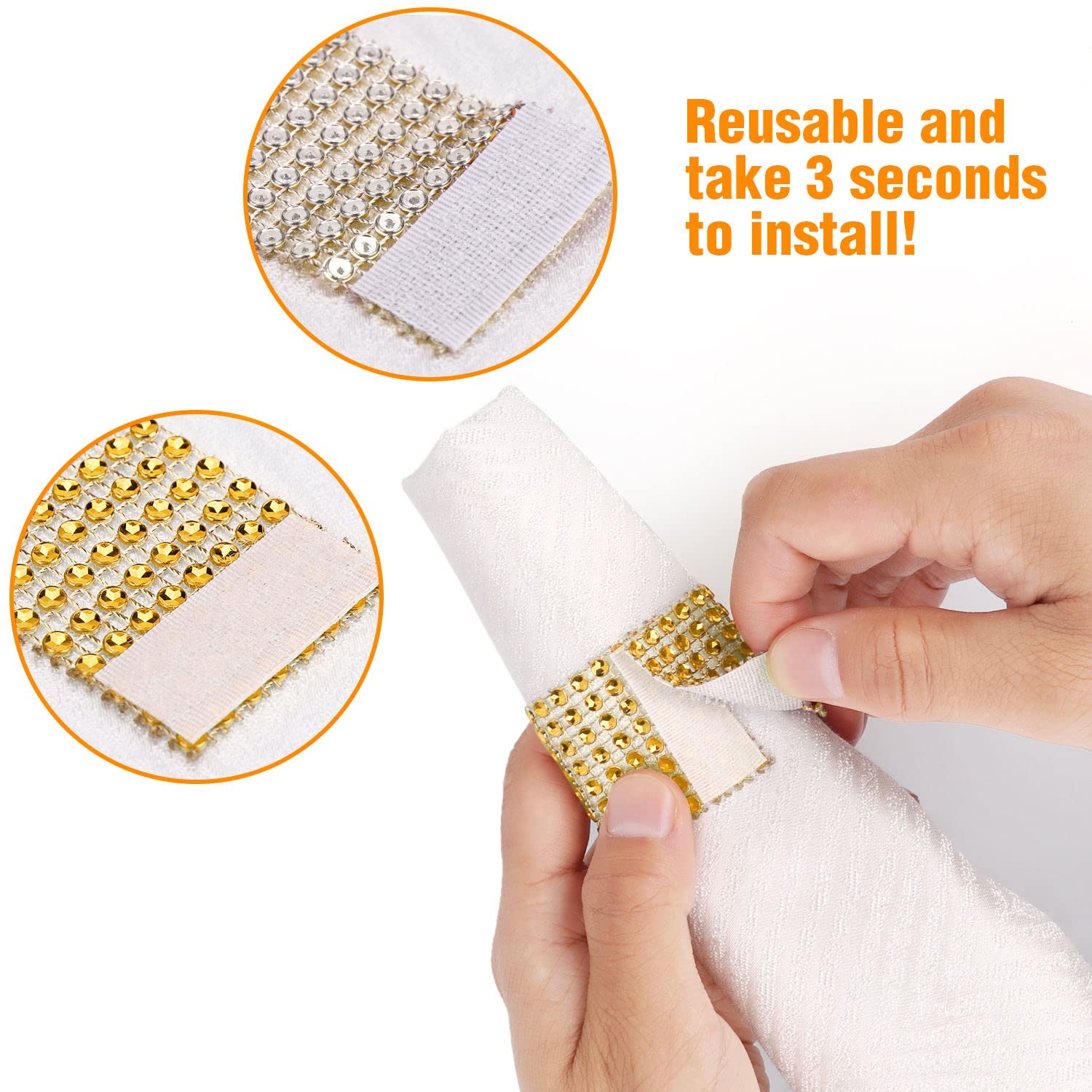 Wotoban Bling Napkin Rings Set Of 150, Rhinestone Gold Napkin Rings Diamond Adornment Napkin Holder Bulk For Wedding, Dinner, Pa