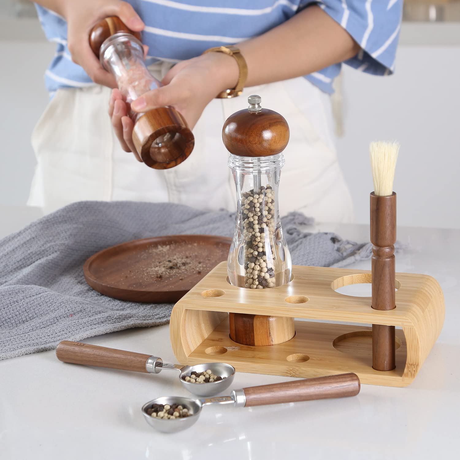 KKC HOME ACCENTS Wooden Salt and Pepper Grinder set with Spoons and Brush Salt and Pepper Mill set 8 inch Refillable Adjustable Coarseness Fine to Coarse