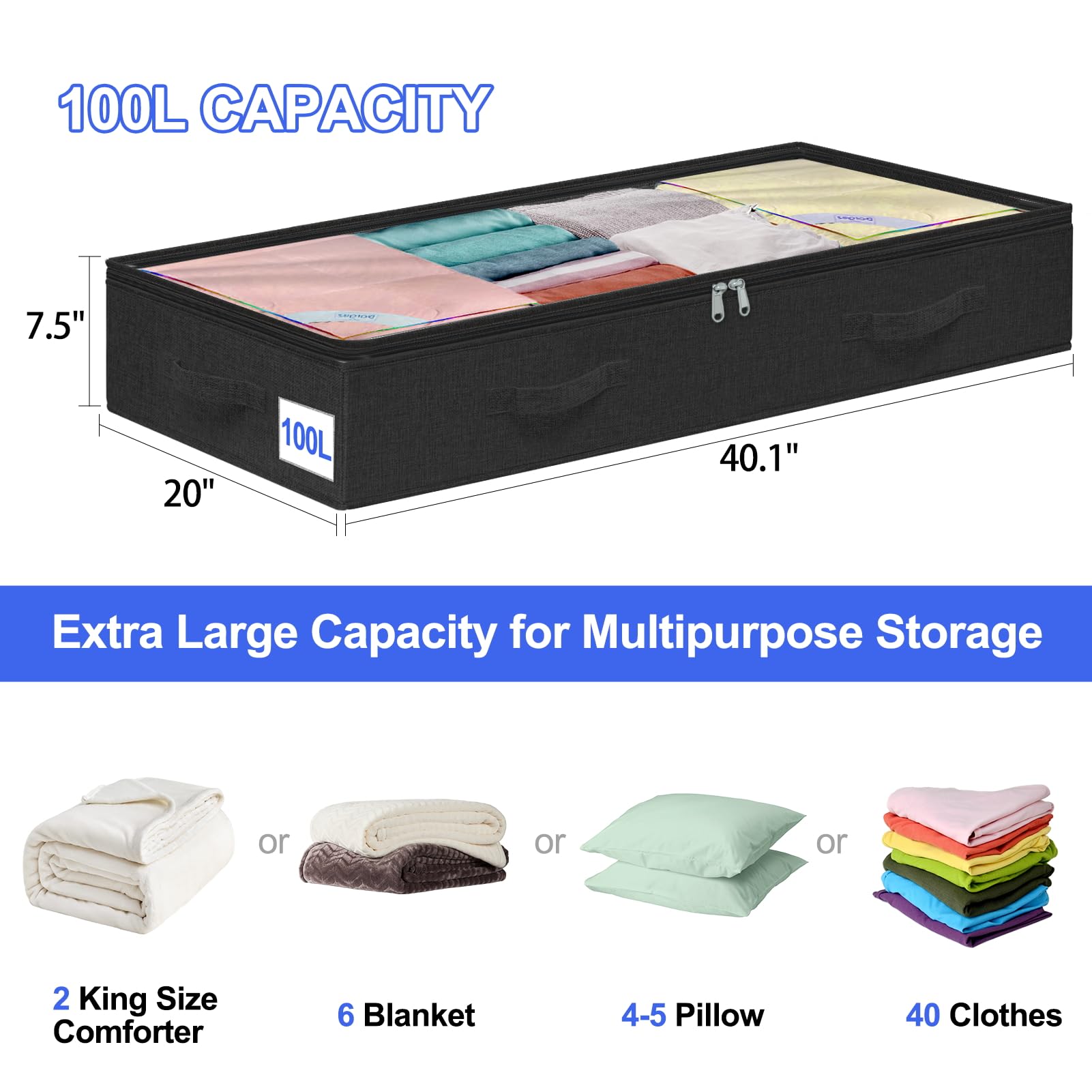 punemi Extra Large Under Bed Storage Containers Bins 7.5 inch Tall, 6Pcs 100L Underbed Clothes Storage - No Structure - Foldable