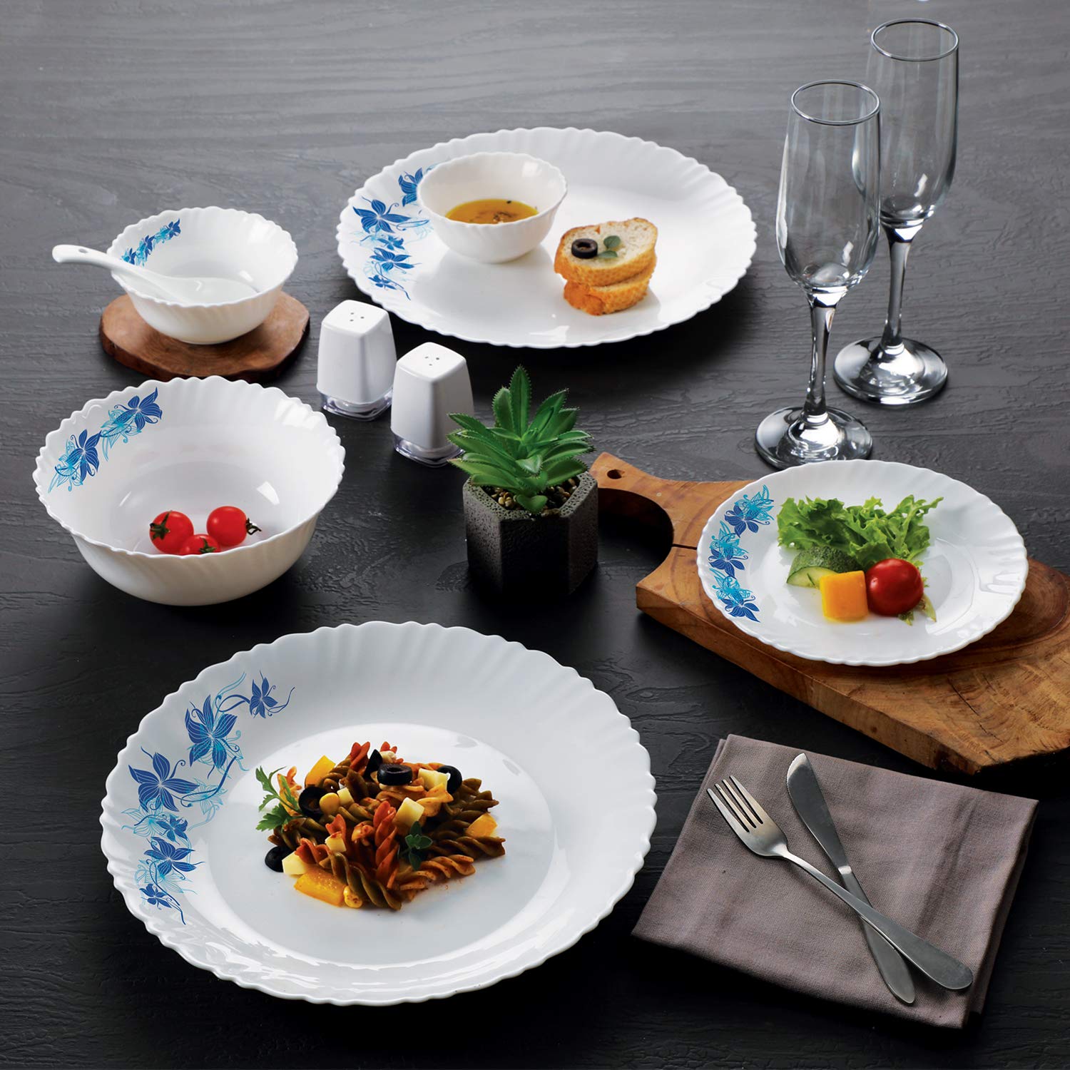 Cello Opalware Dazzle Series Blue Swirl Dinner Set, 27 Units | Opal Glass Dinner Set For 6 | LightWeight, Daily Use Crockery Se