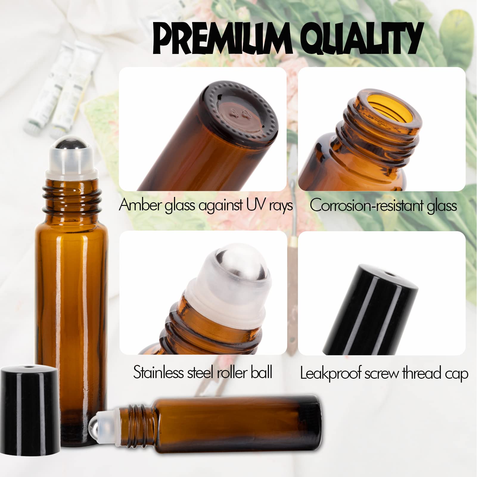 6 Pack Essential Oil Roller Bottles, 10Ml Roller Balls For Essential Oils, Amber Glass Roller Bottles, Roll On Bottles With Stai