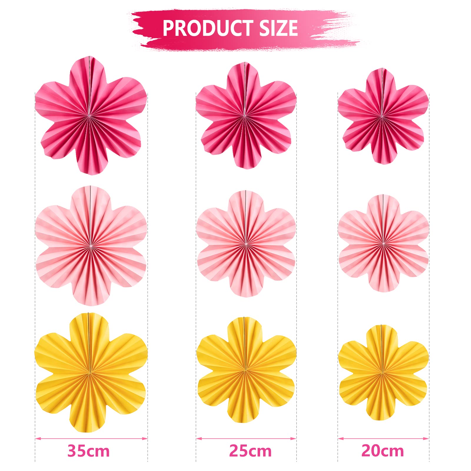 SUNBEAUTY Paper Flowers Decorations for Wall Paper Fans Classroom Decoration Paper Floral Backdrop Decor Paper Fans Decoration Hanging Paper Fans Pink Flower Wall Decor Set of 9