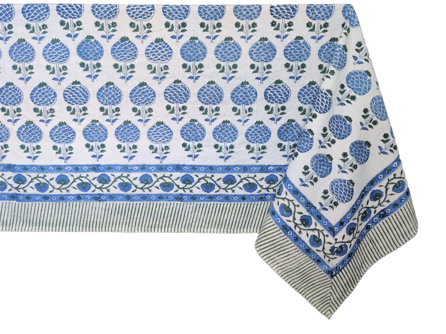 Atosii Roma Blue 100% Cotton Boho Rectangle Fall Tablecloth, Handblock Floral Print Table Cloth Linen For Kitchen Dining I Parti