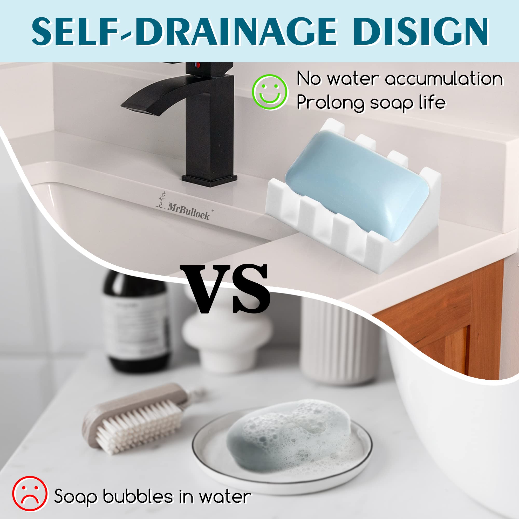 Silicone Soap Dish for Bar Soap Holder for Shower Bathroom Self Draining Waterfall Drying Tray Keep Soap Bars Dry Clean & Easy Cleaning (White  2) Btbfami Soap Dishes