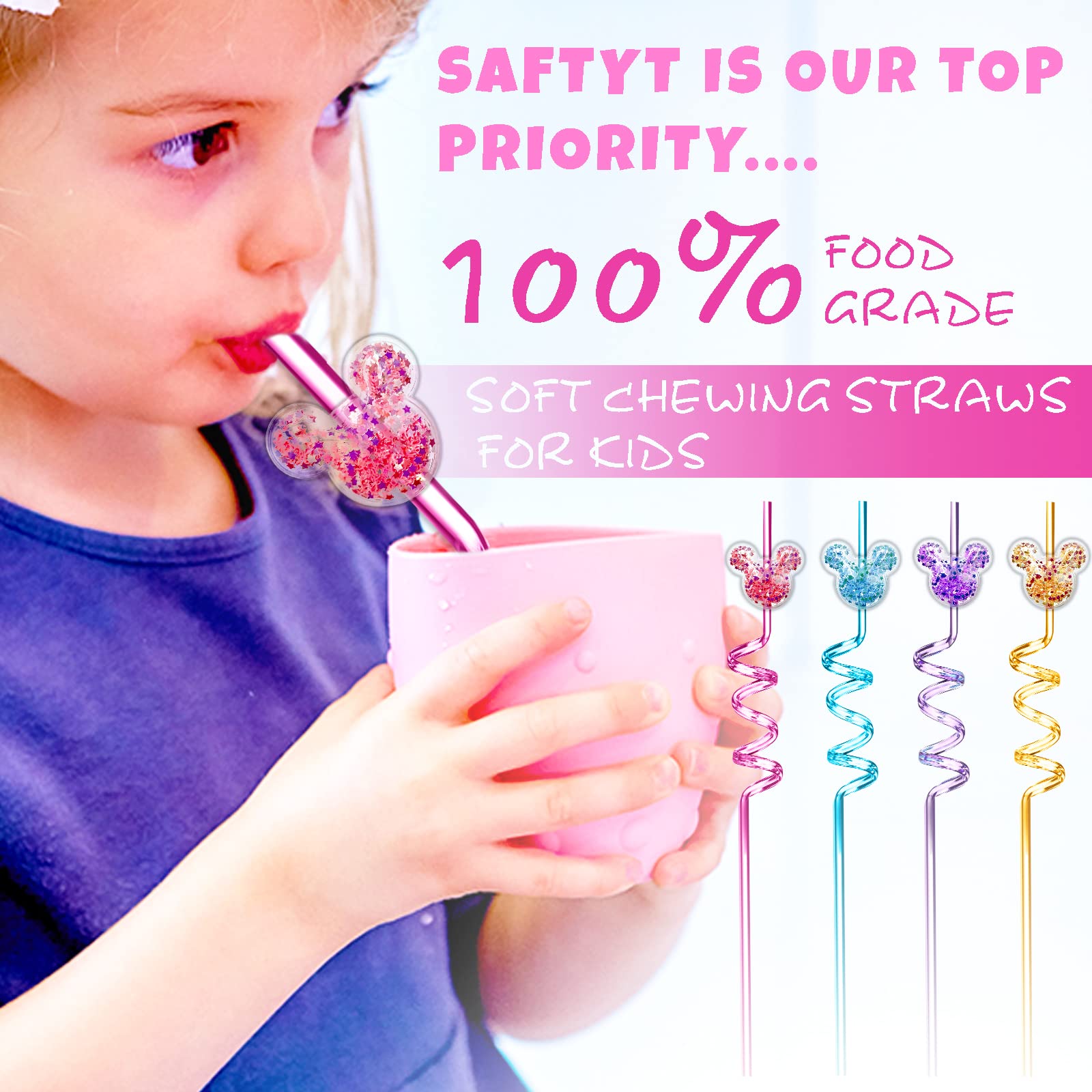 24Pcs Glitter Mouse Straws For Kids Party Favors, Straws For Birthday Party Supplies, Drinking Straws For Boys Girls Party Decor