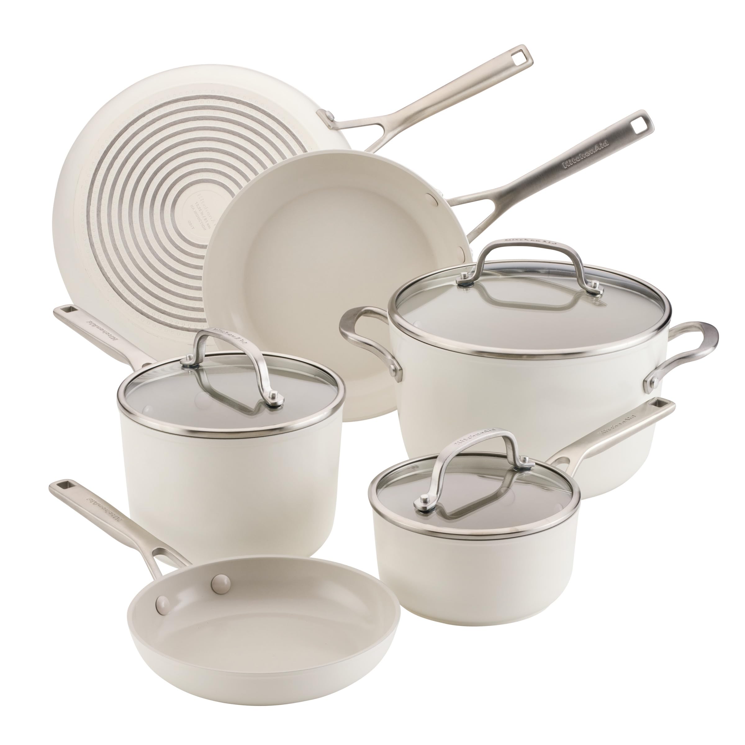 KitchenAid Hard-Anodized Ceramic Induction Cookware Set, 9-Piece Pots and Pans, Porcelain White