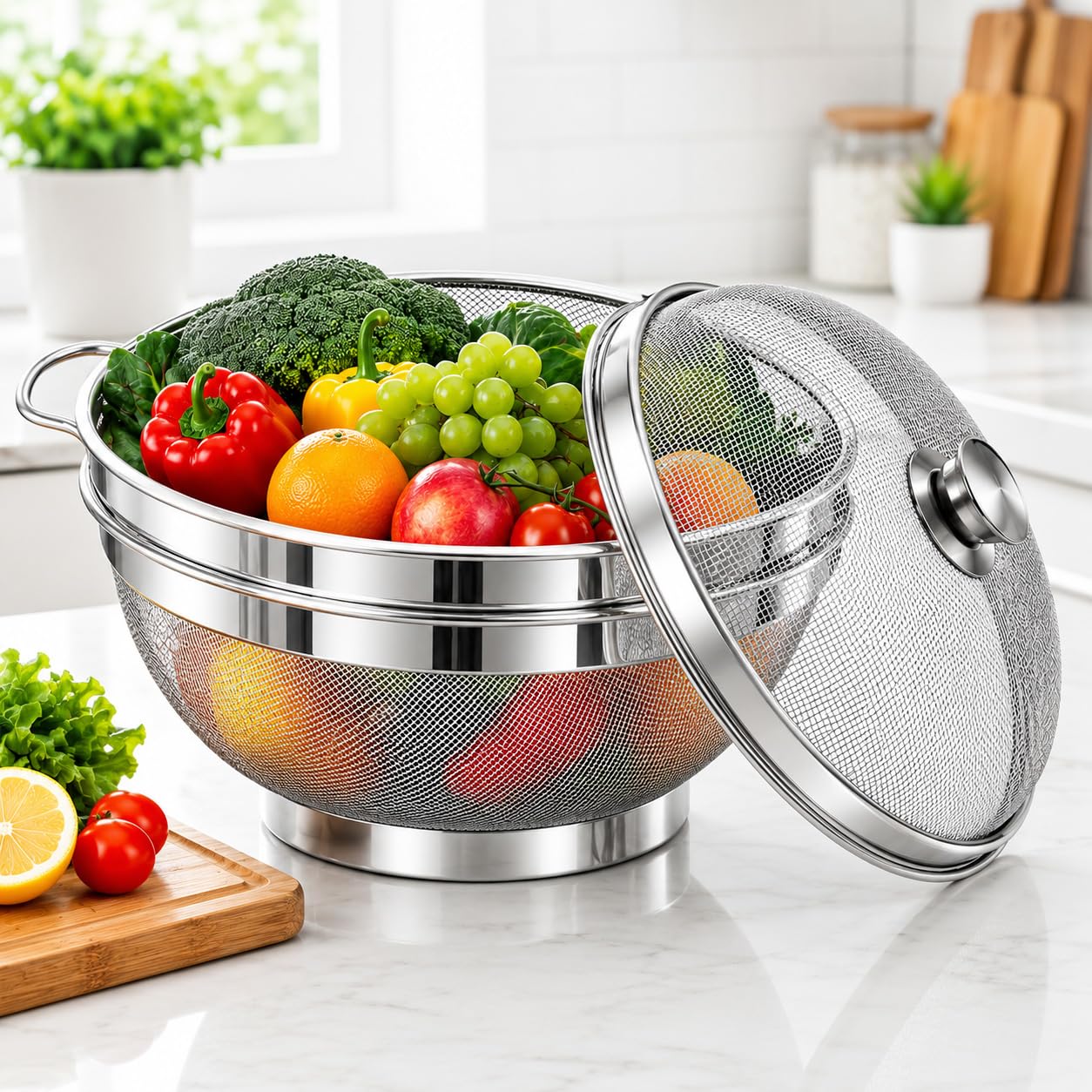Panca Large 12 Inch Stainless Steel Fruit Basket With Lid | Mesh Fruit Storage Basket With Net Cover | Multipurpose Kitchen Stor