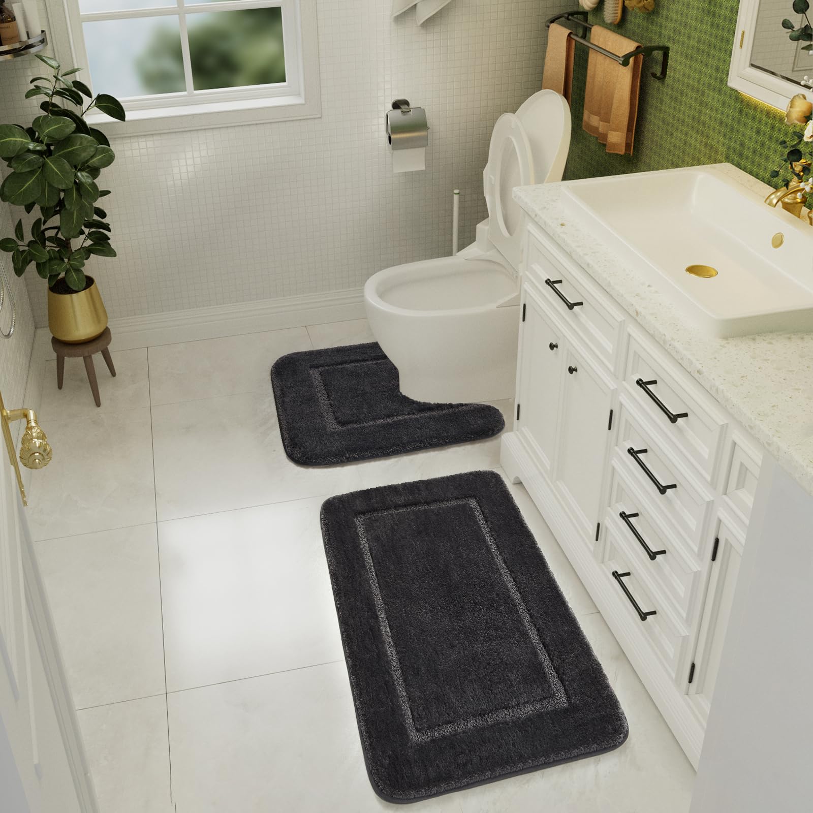 Lochas Bathroom Rug Set Dark Grey, Soft Bath Rug Set 2 Piece Set, Toilet Mat U-Shaped 20X20 And 34X20 Bathroom Rugs, Quickly Dry