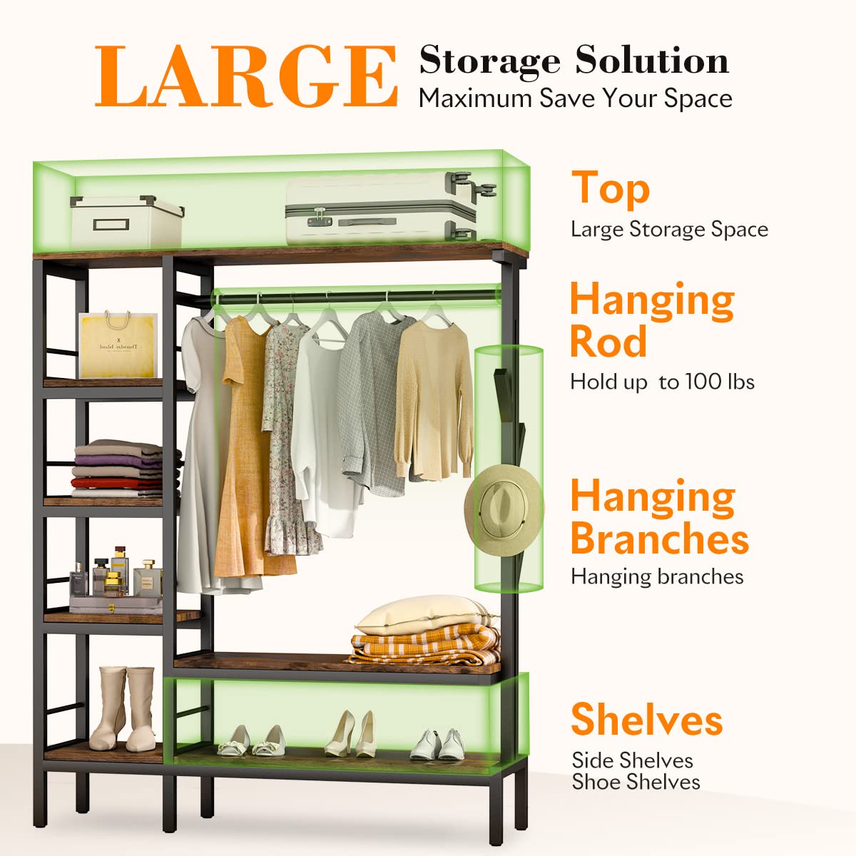 Hokeeper 650Lbs Capacity Heavy Duty Clothing Rack With Shelves Freestanding Closet Organizer With Hooks Metal Wardrobe Closet Or