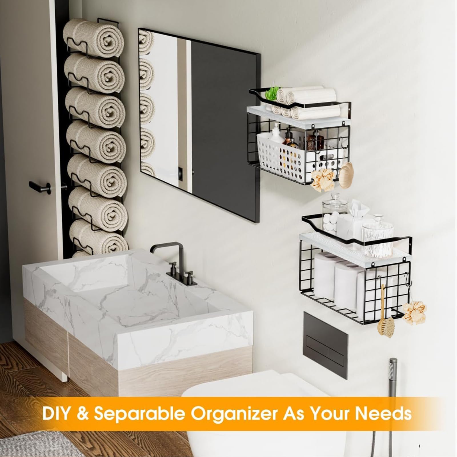 Towel Racks For Bathroom,Towel Rack Wall Mounted, 6 Tier Rolled Or Folded Towel Holder With Floating Shelves, Bathroom Towel Hol