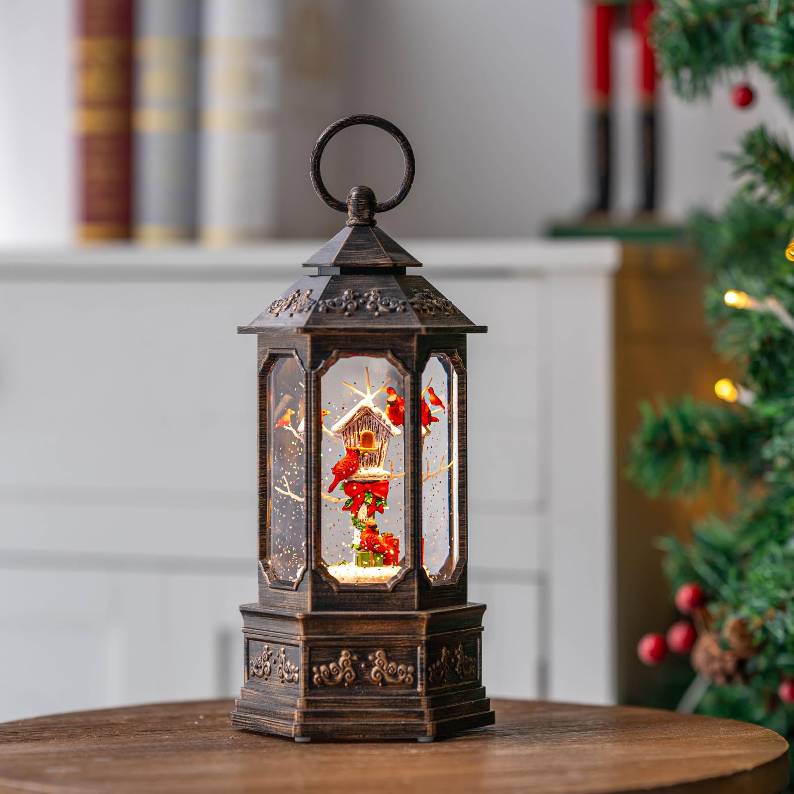 Musical Snow Globe Lantern Lighted Cardinal & Birdhouse Christmas Snow Water Lantern Swirling Glittering Home Decoration and Gif