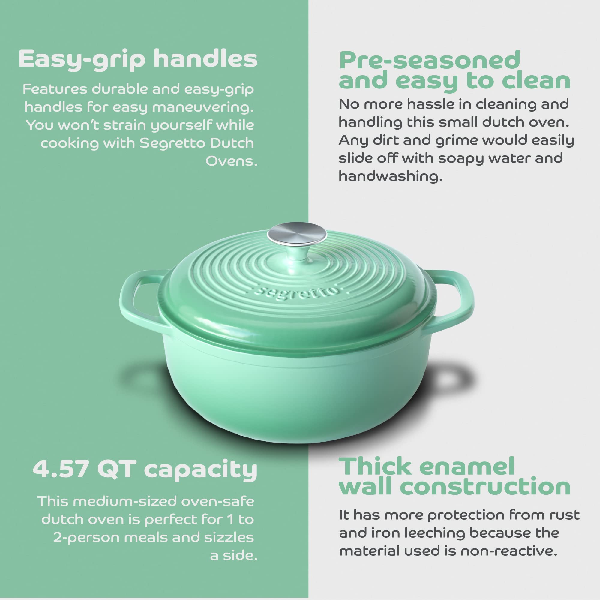 Segretto Cookware Enameled Cast Iron Dutch Oven With Handle, 4.57 Quarts, Verde Chiaro (Gradient Green) Oven Safe Dutch Oven Pot
