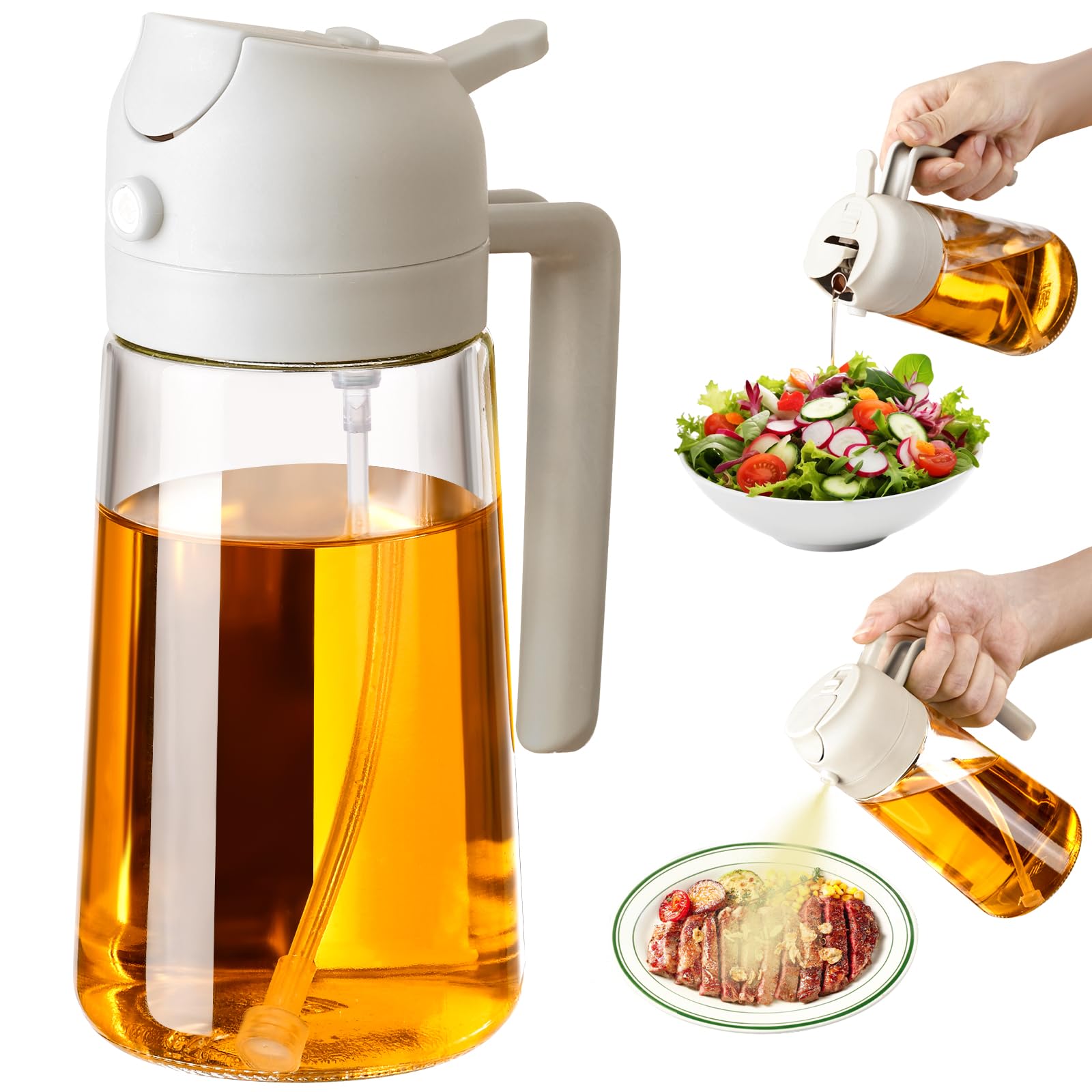 SWEET VIEW 16oz/470ml Oil Dispenser and Oil Sprayer, Glass Olive Oil Pourer for Kitchen, Air Fryer, Cooking, Salad, BBQ (White)