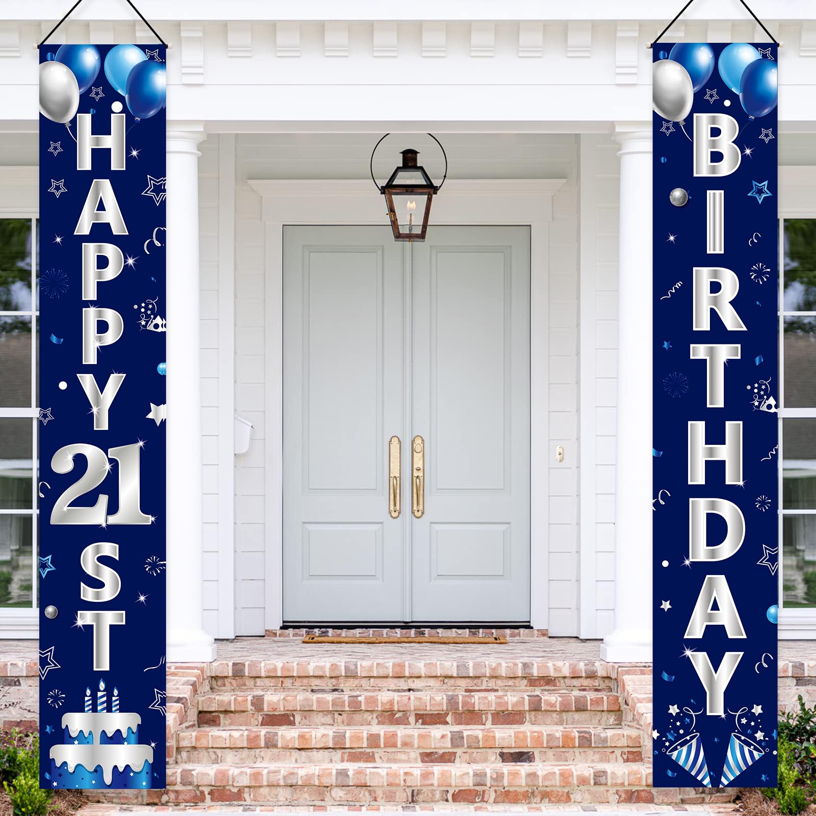 Turypaty Blue Silver 21St Birthday Door Banner Decorations, Happy 21 Birthday Party Porch Banner For Men, 21 Year Old Birthday P