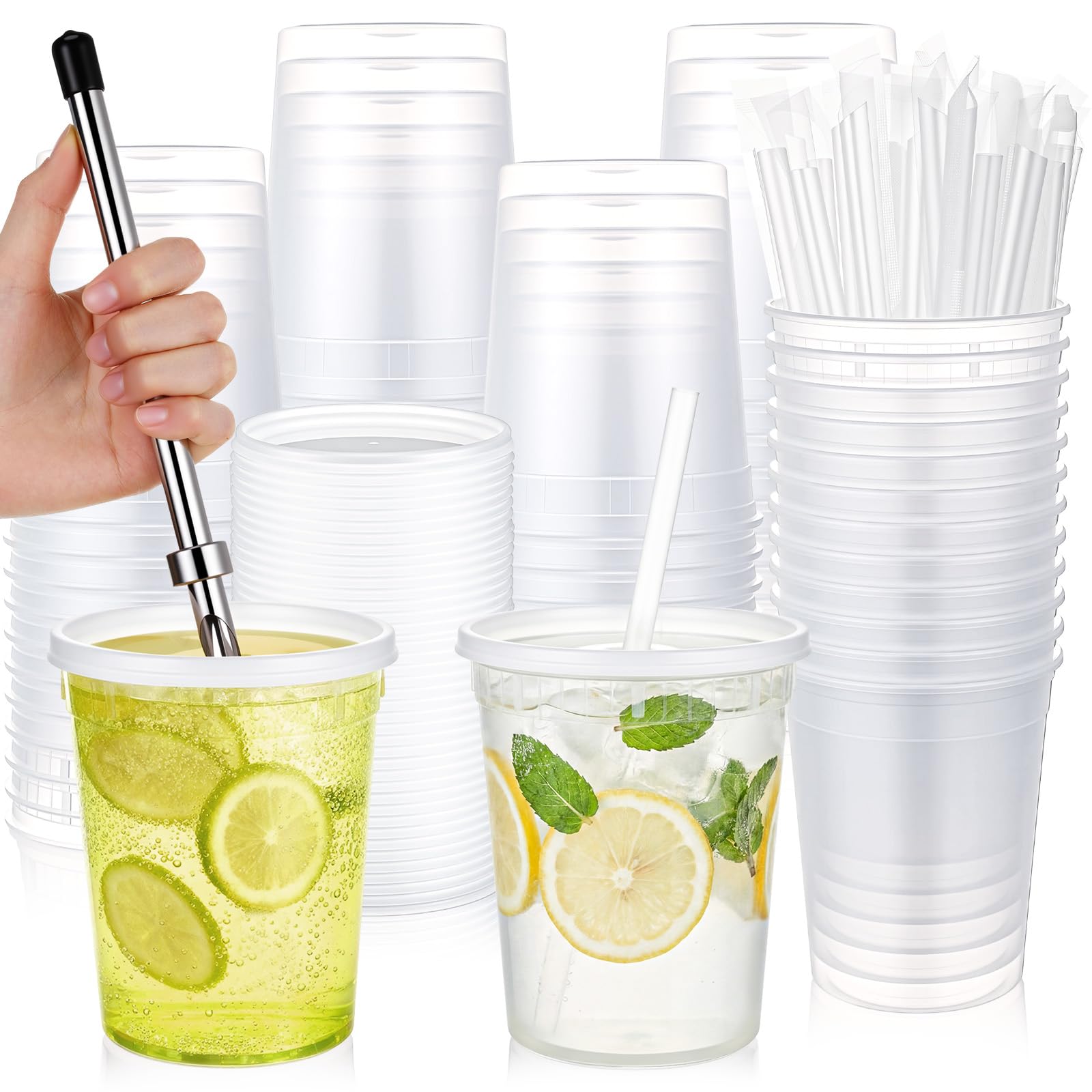 LemonRoad 32 oz 50 Set Lemonade Stand Cups with Lids and Straws, NoHandle