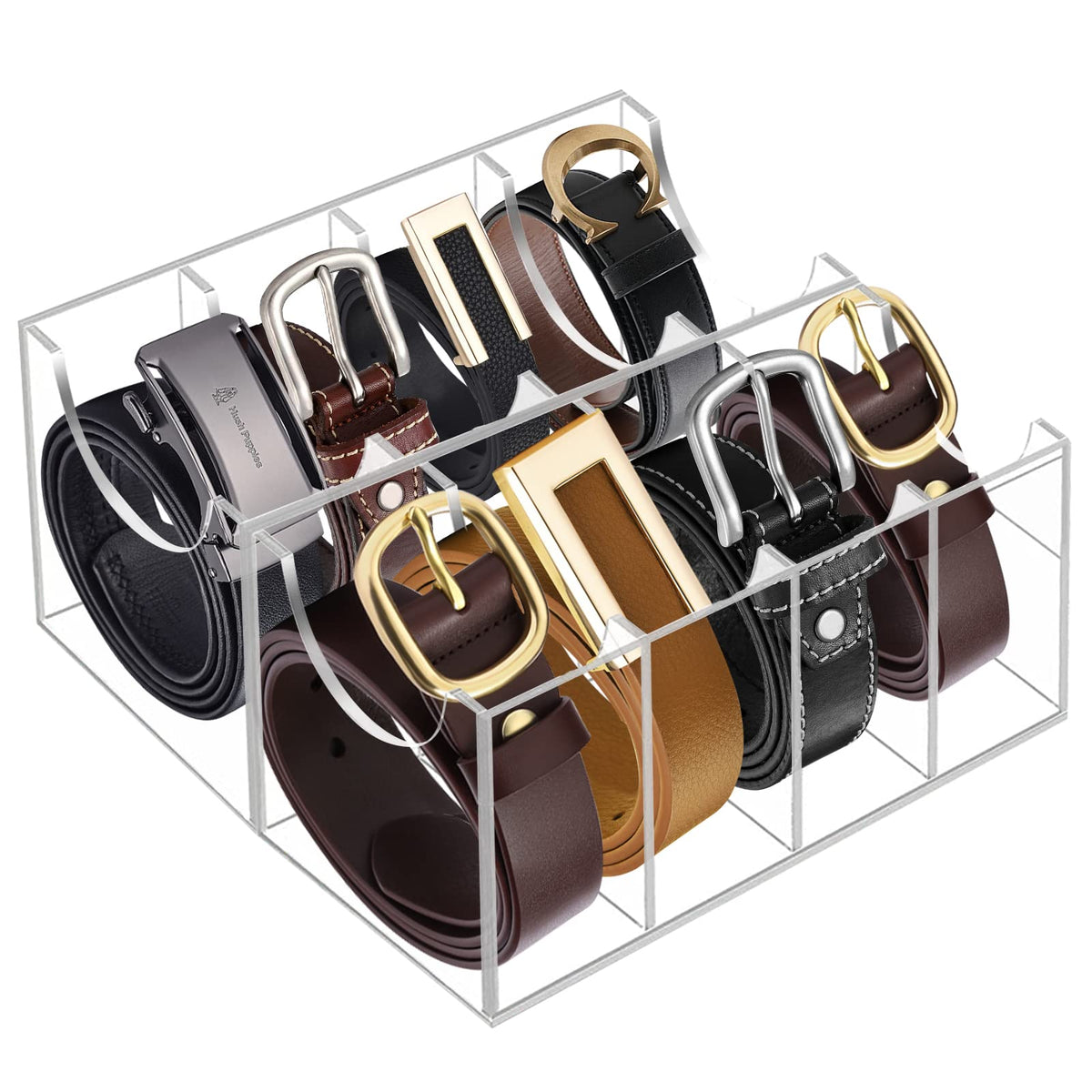 Hlimior Belt Organizer, Acrylic 8 Compartments Belt Container Storage Holder, Acrylic Belt Display Storage Box, Clear Belt Displ