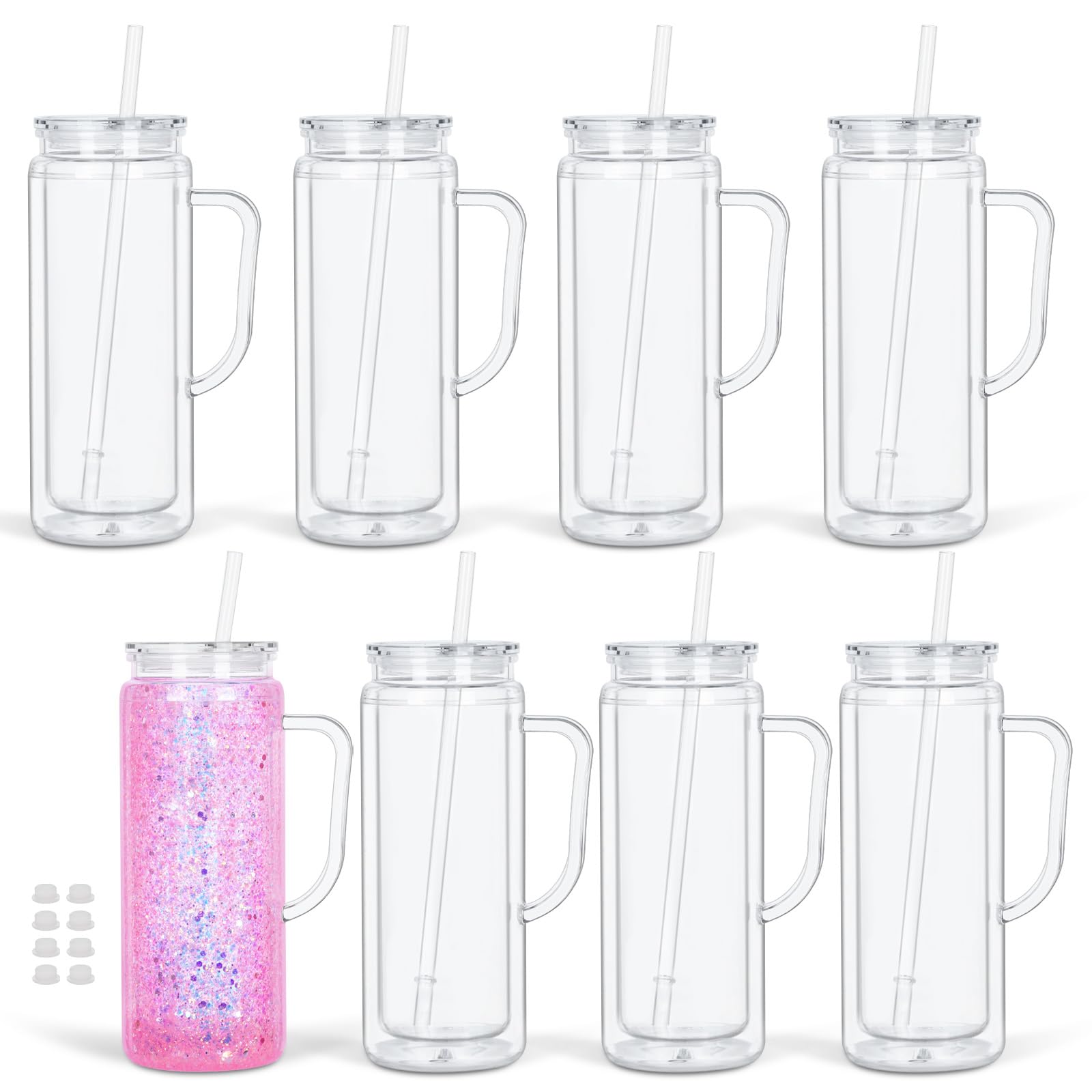 Tswofia 20 Oz Double Wall Acrylic Snowglobe Cups with Handle, 8 Pack Clear Plastic Mason Jar Snowglobe Tumbler with Pre Drilled 