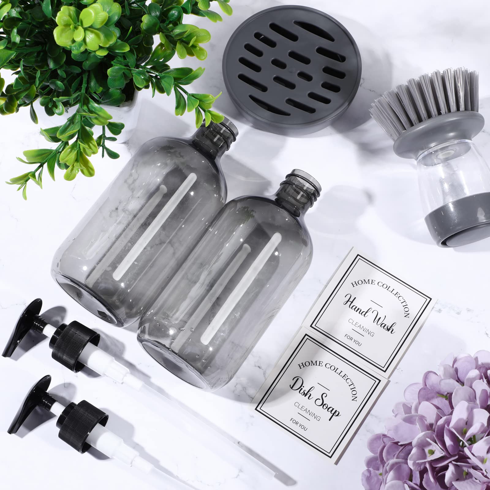 4 Pieces Kitchen Soap Dispenser Set Includes 16 Oz Plastic Dish Soap Hand Wash Dispenser With Silicone Tray And Labels, Dish Bru