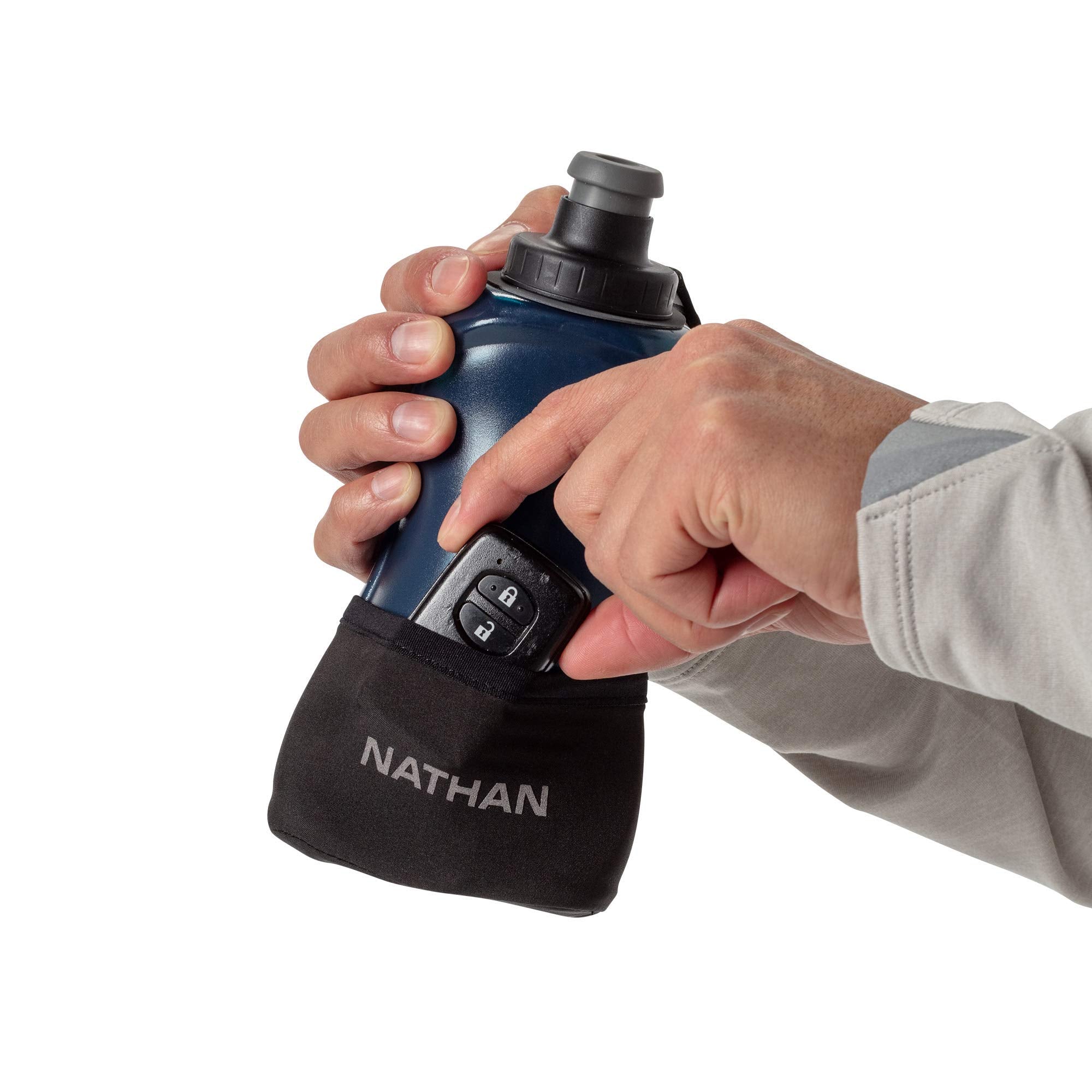 Nathan Running Handheld Hydration Bottle, 18oz Insulated, Black/Blue, Adjustable No-Grip Strap, Model NS40120-00030-18OZ