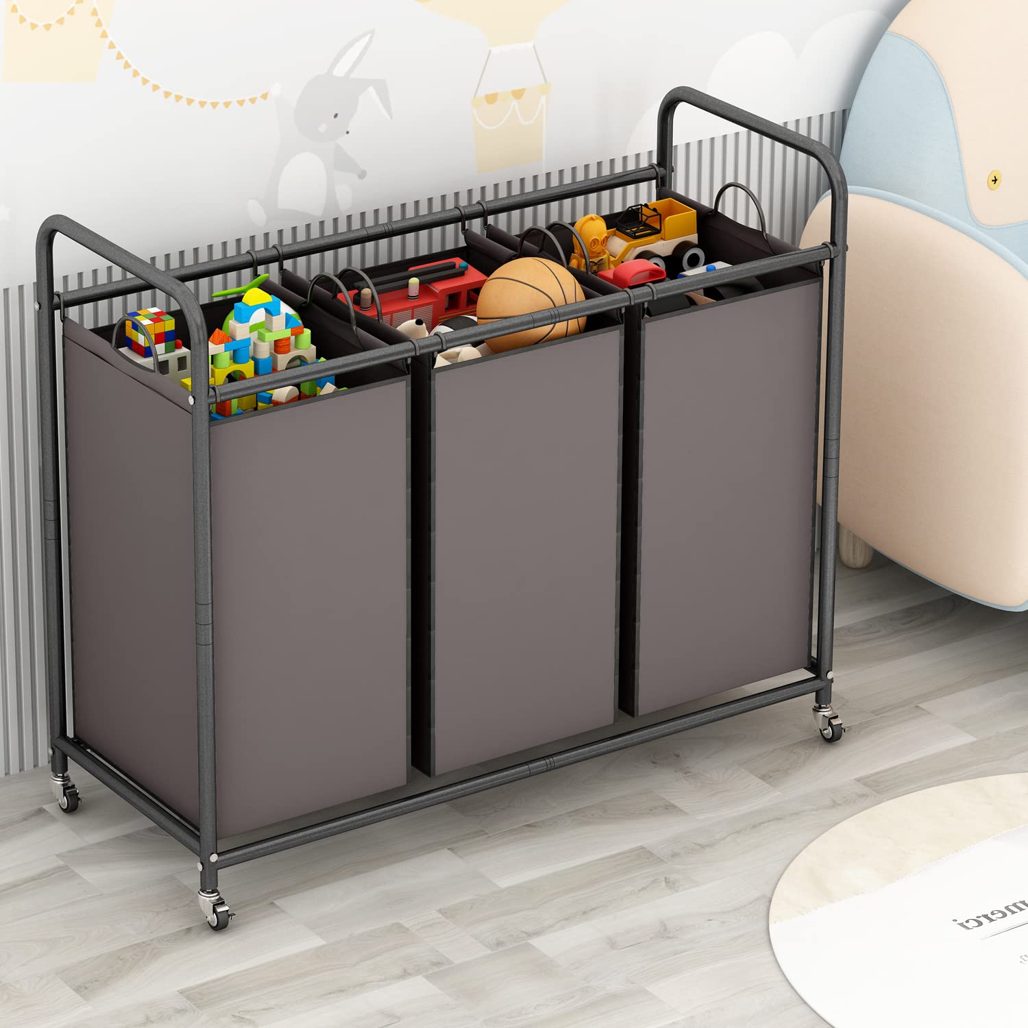 Linzinar 3-Bag Laundry Sorter,Laundry Hamper Cart With Heavy Duty Rolling Lockable Wheels And Removable Bags (Brown)