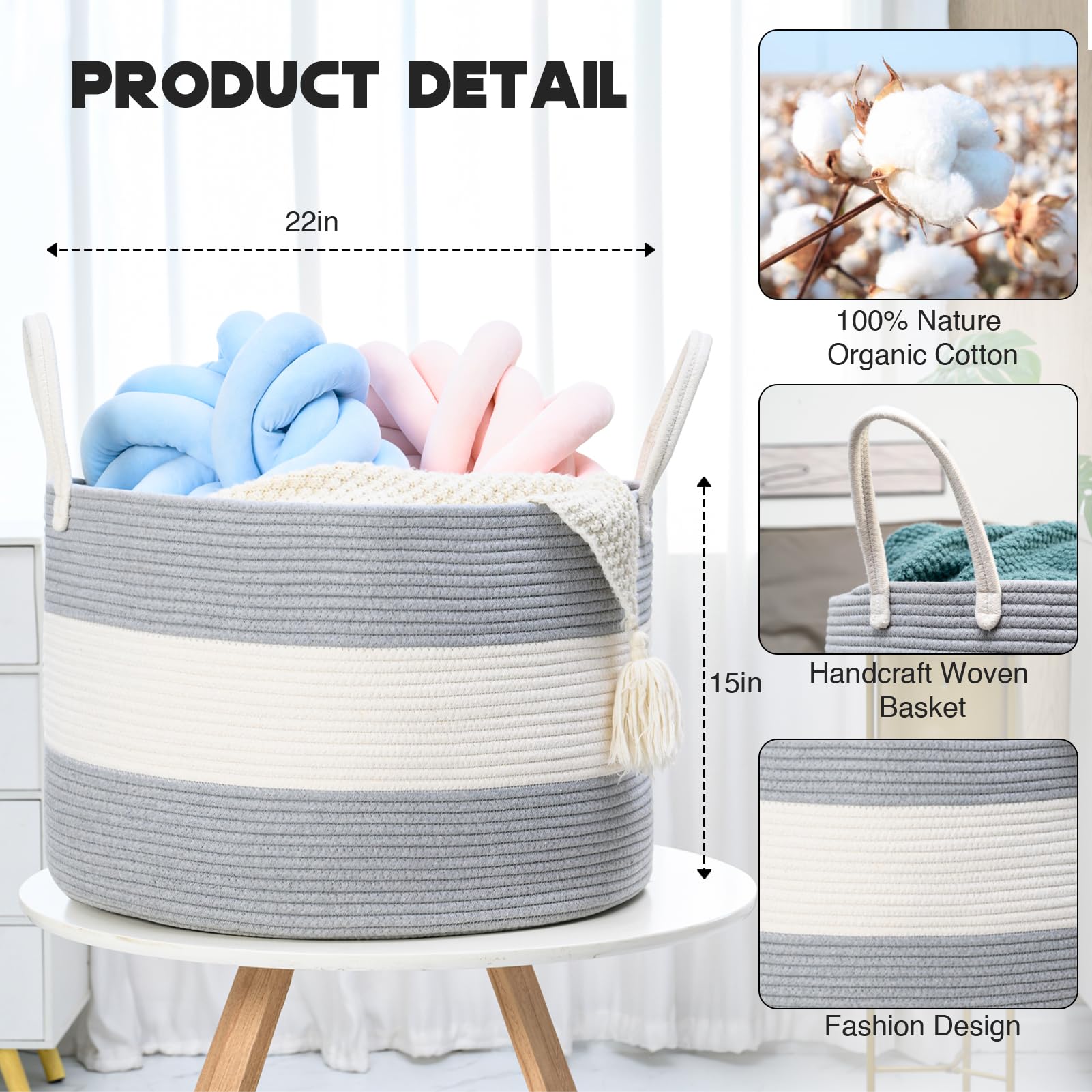 Homholdon 110L Extra Large Laundry Baskets, Storage Basket For Organizing,Woven Basket For Storage,Cotton Rope Basket,Nursery Ba