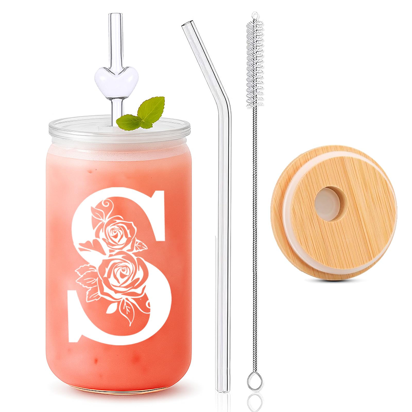DAMCONME Personalized Gifts for Women, Initial S Glass Cup with Lid and Straw, Personalized Glass Tumbler for Her, Monogram Gift