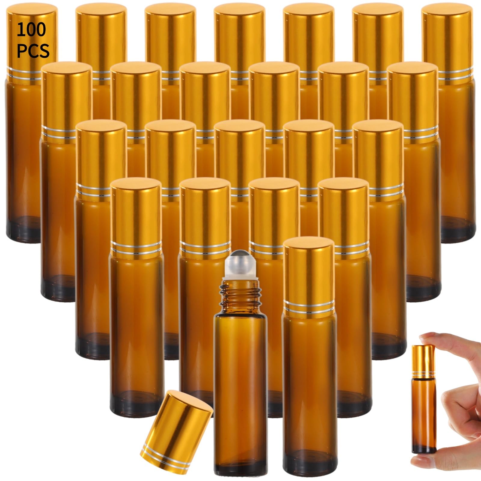 100 PCS 10 ml Amber Roller Bottles for Essential Oils  Empty Brown Glass Bottle, Refillable Roll on, Portable Travel Perfume Le