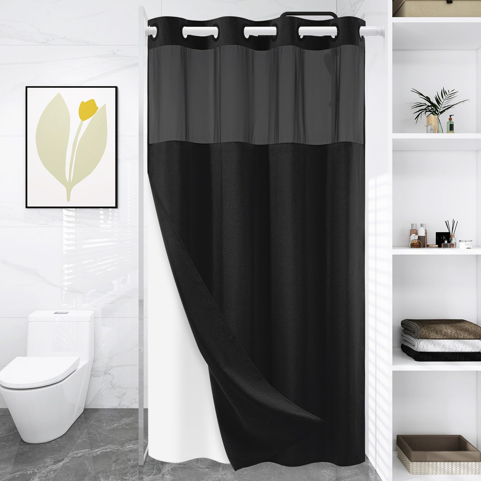 Wonicy No Hook Linen Textured Shower Curtain With Snap In Liner, Waterproof & Washable Shower Curtains For Bathroom, 71Wx74H, Li