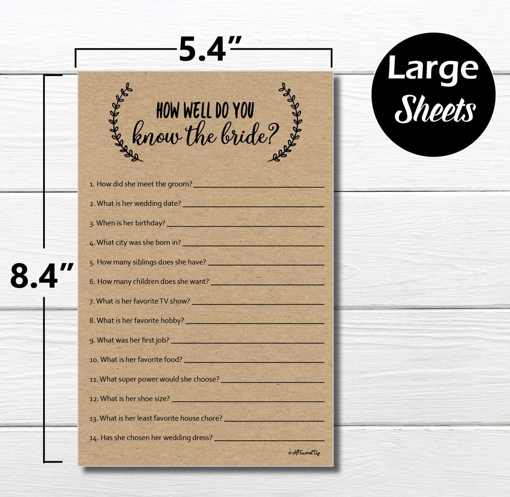 How Well Do You Know The Bride - Kraft (50-Sheets) Rustic Bridal Wedding Shower or Bachelorette Party Game  Who Knows The Bride Best Couples Guessing Question Pack Engagement (Large Sheet Size)