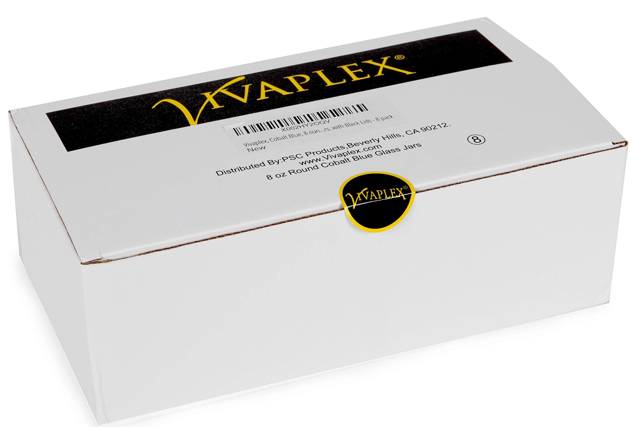 Vivaplex, Cobalt Blue, 8 Ounce, Round Glass Jars, With Black Lids - 8 Pack