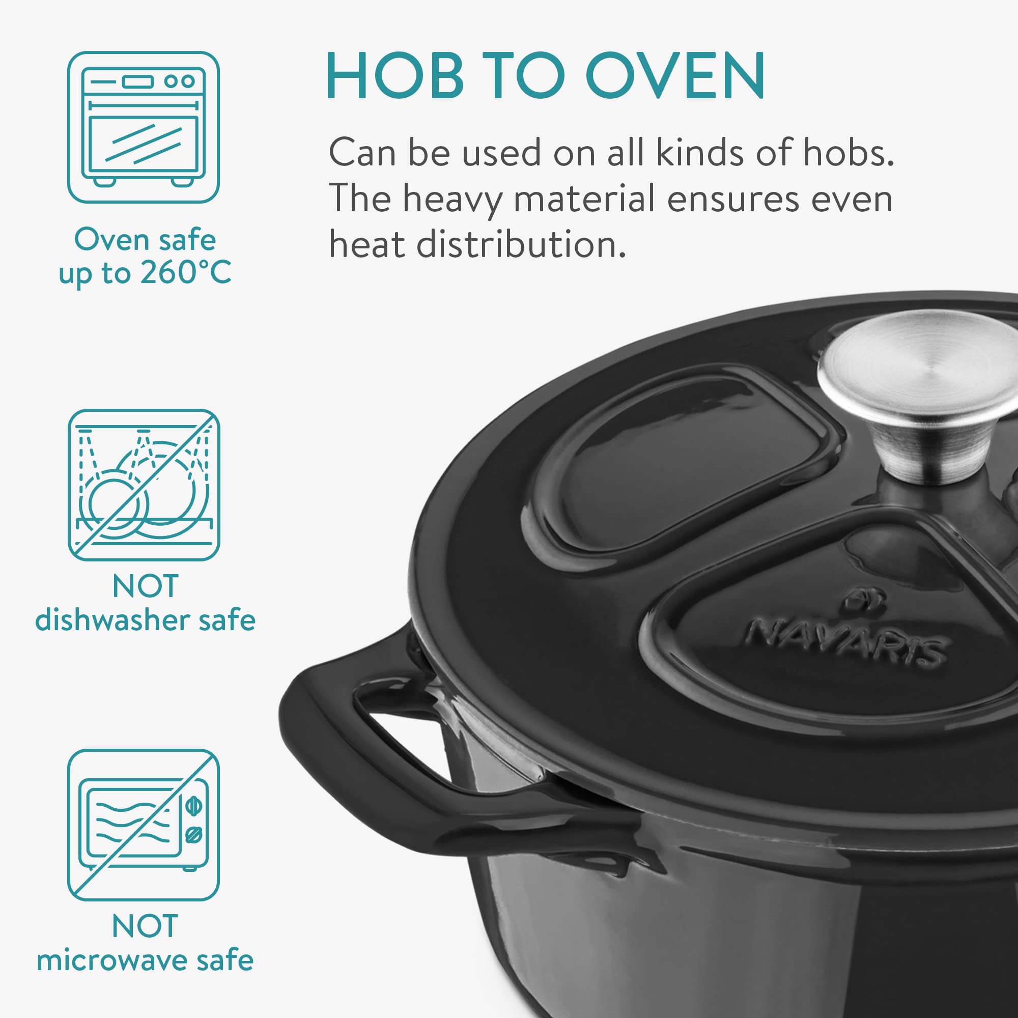 Navaris Enameled Dutch Oven - 3.7 QT Cast Iron Pot with Lid - 9 1/2 '' Round Enamel Cookware - Induction Cooktop Safe - Glossy Black