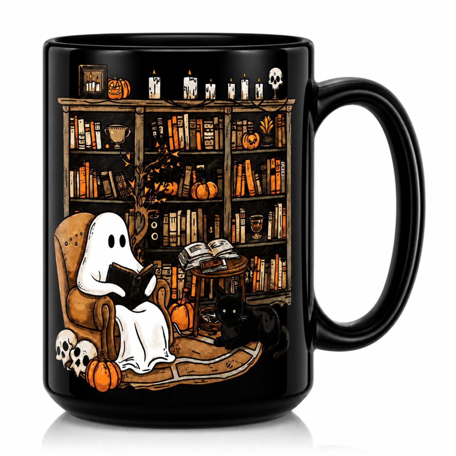 Havawish 15 oz Cute Ghost Reader Halloween Mug Ghost Skeleton Ceramic Mug