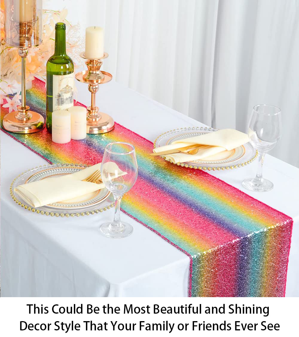 Shinybeauty Rainbow Table Runners Pack Of 2 Sequin Table Runners 12Inx108In Multicolor Home Decor Dining Table Runner 108 Inches