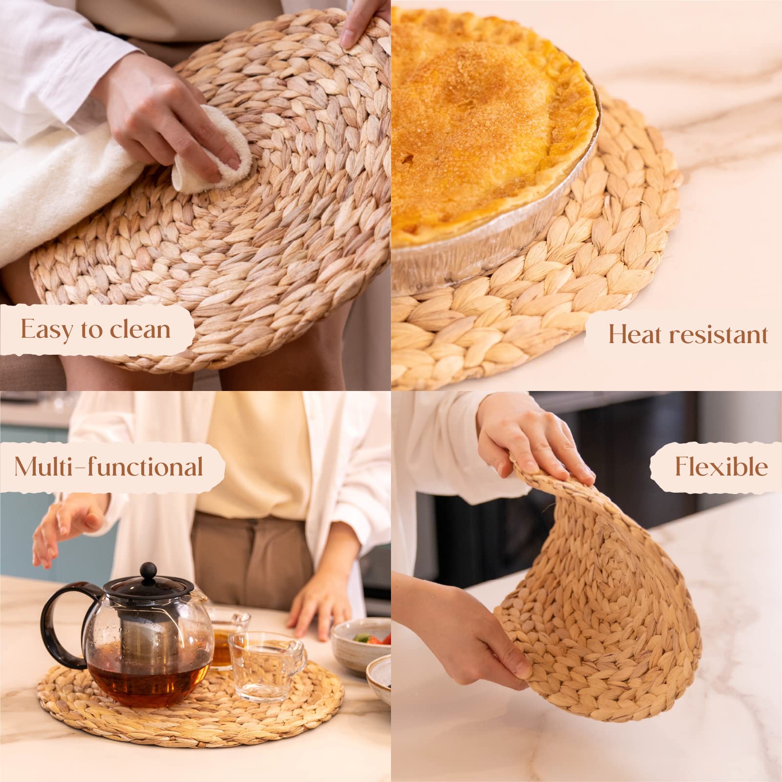 6 Pack, Round Woven Placemats, Natural Water Hyacinth Place Mats, Braided Straw Table Mats For Dining Table (138 Inch)