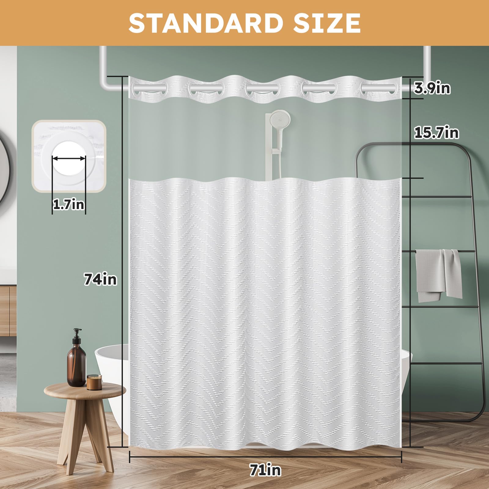 Fadoty No Hook Shower Curtain And Snap In Liner Set White Tufted Chevron Striped Cloth Waterproof Washable Fabric Boho Bath Curt