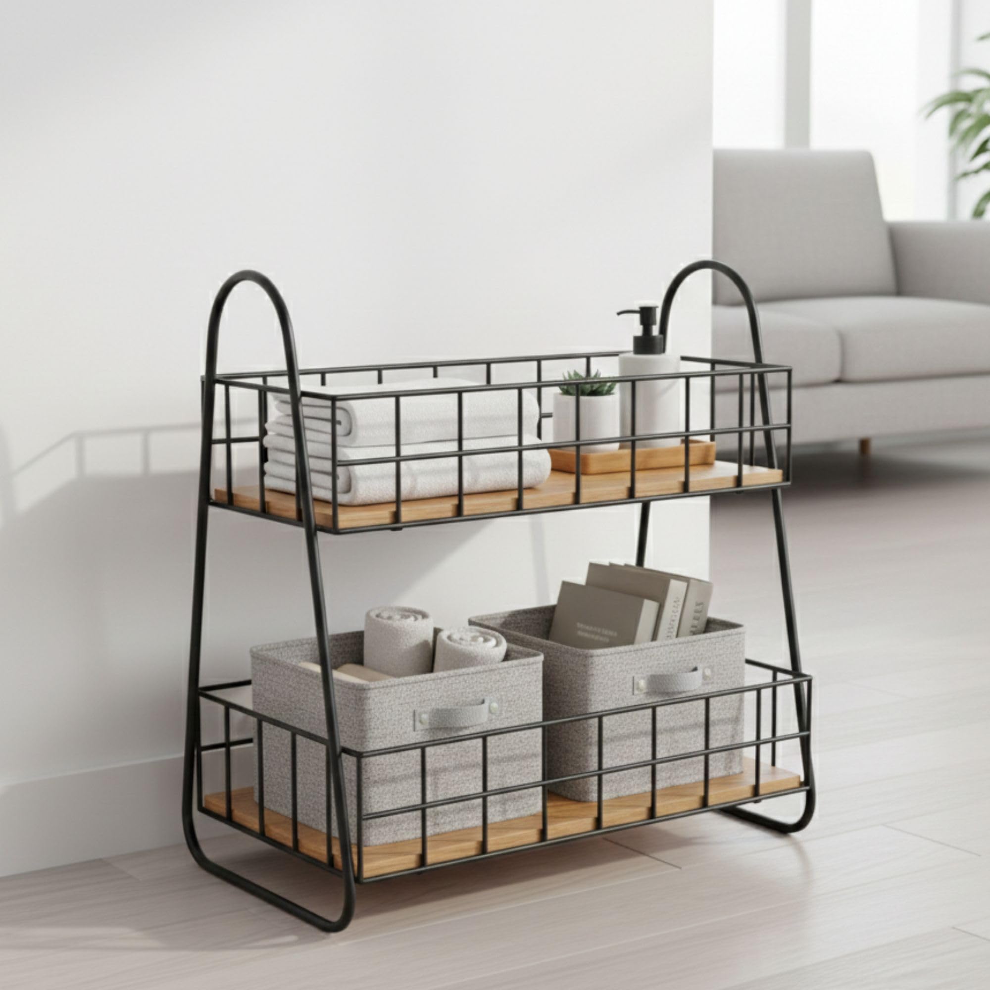 Metaltouch 2Tier Spice Rack With Wood Shelves, Black Metal Wire Basket Organizer With Handles (Black With Brown Top)