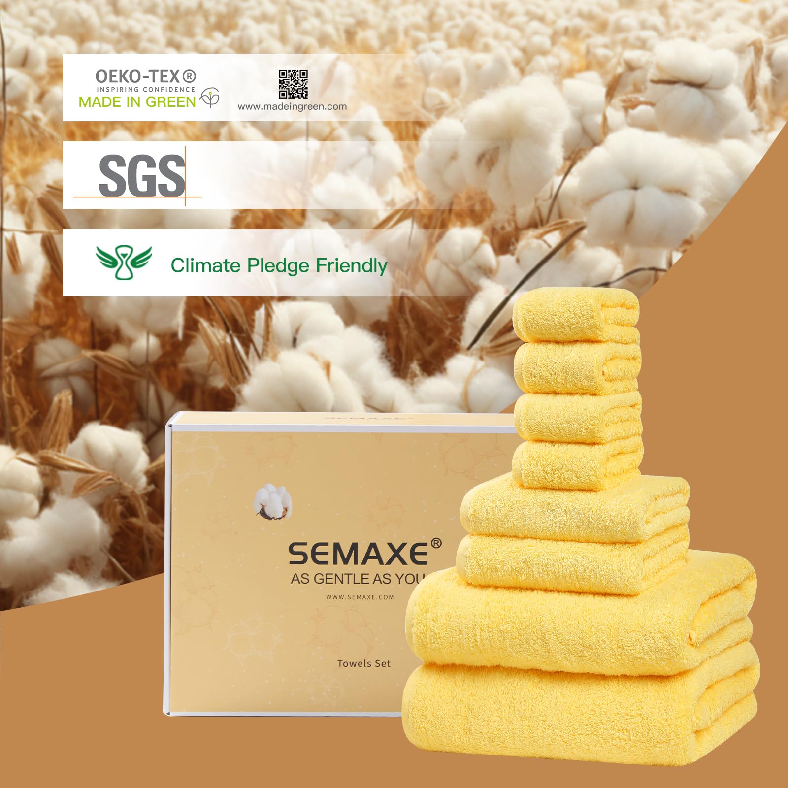 Semaxe Bath Towel Set, 100% Cotton Absorbent Bathroom Towels With Hanging Loops And Nano-Bio Lifecycle Labels, 8 Piece Towel Set