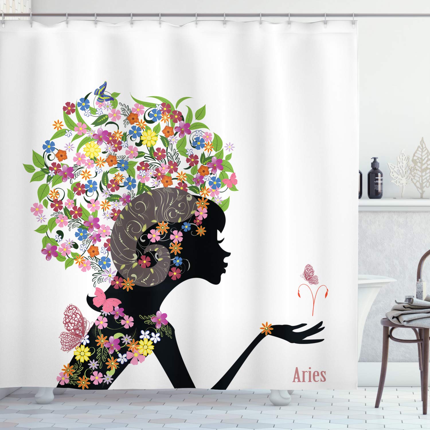 Ambesonne Zodiac Aries Shower Curtain, Fashion Girl Aries Woman With Horns Floral Dress Lively Blossoms Butterflies, Cloth Fabri
