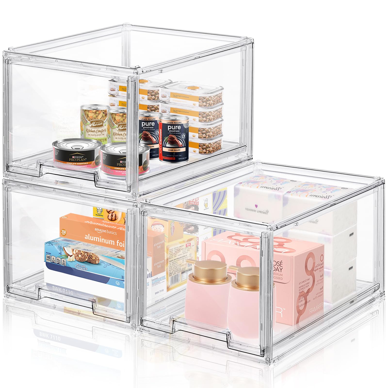 3 Packs Plastic Stackable Storage Drawers, Dilibra Clear Storage Bins Organizer With Pull Out Drawer For Kitchen Cabinet Pantry