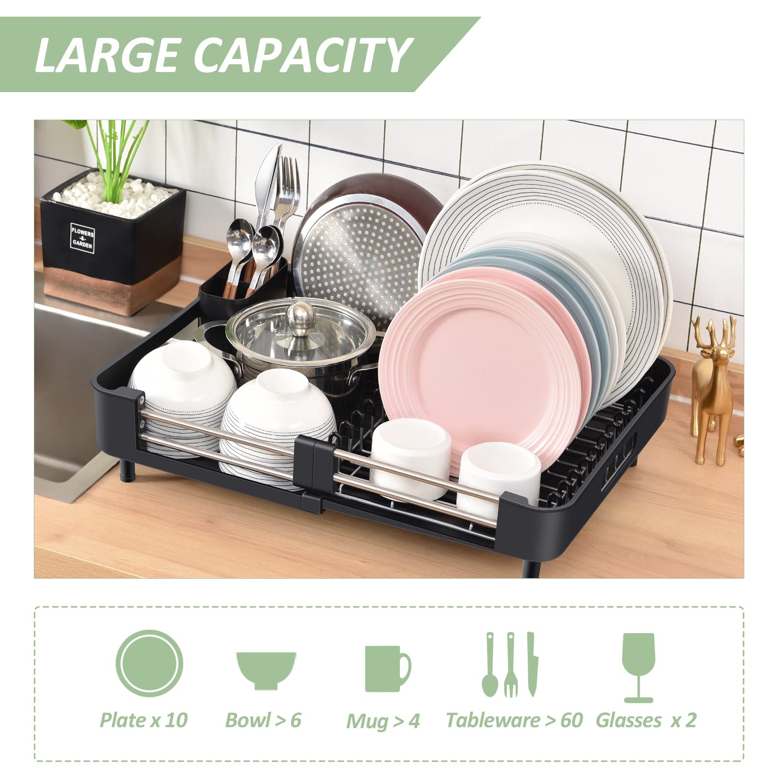 Dish Drying Rack For Kitchen Counter, Extendable Dish Rack With Drainboard, Expandable Dish Drainer, Collapsible Dish Strainer W